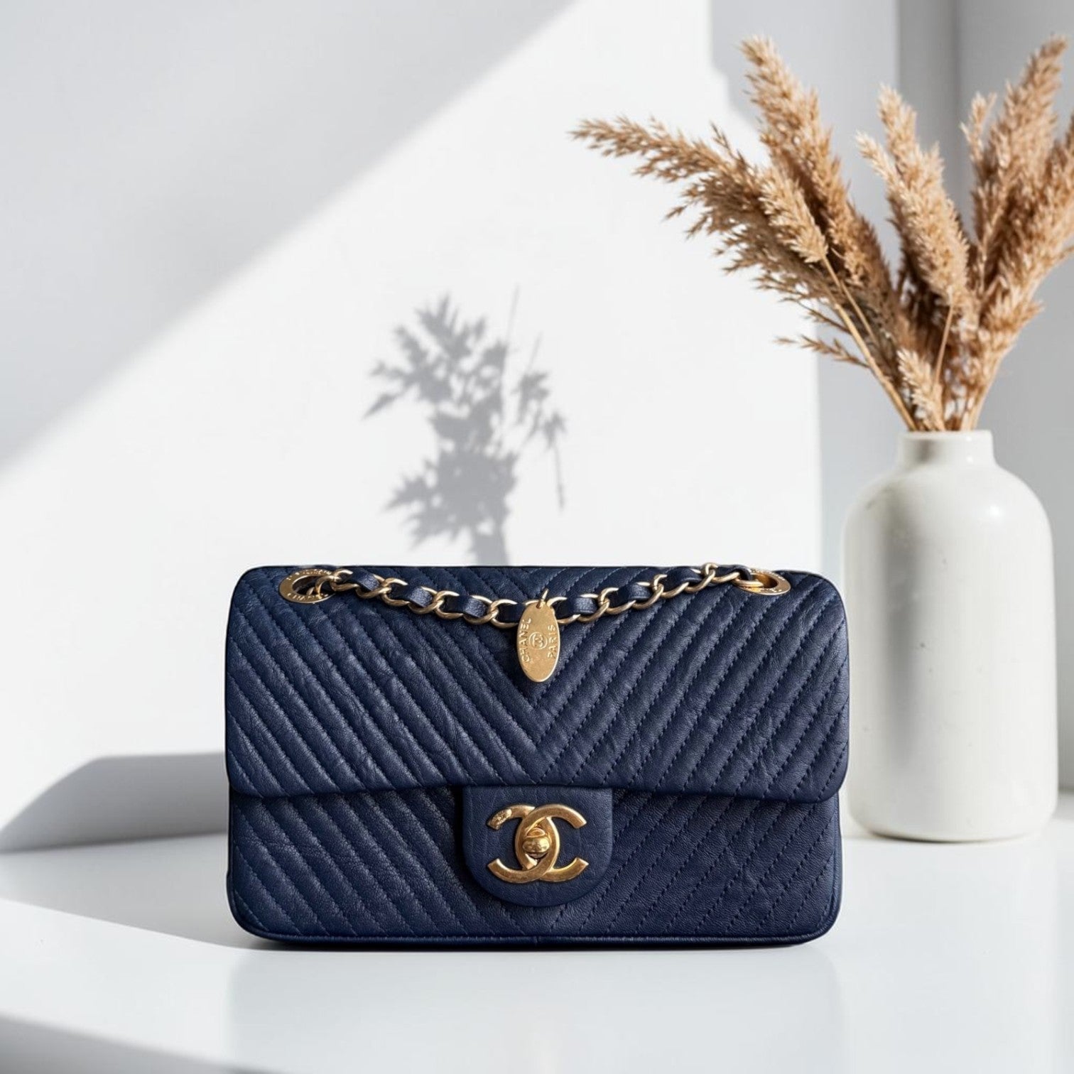 Chanel Seasonal Flap Small - 23CM Surpique CC Herringbone Medallion Flap Chevron Dark Navy Blue Gold Hardware Series 21