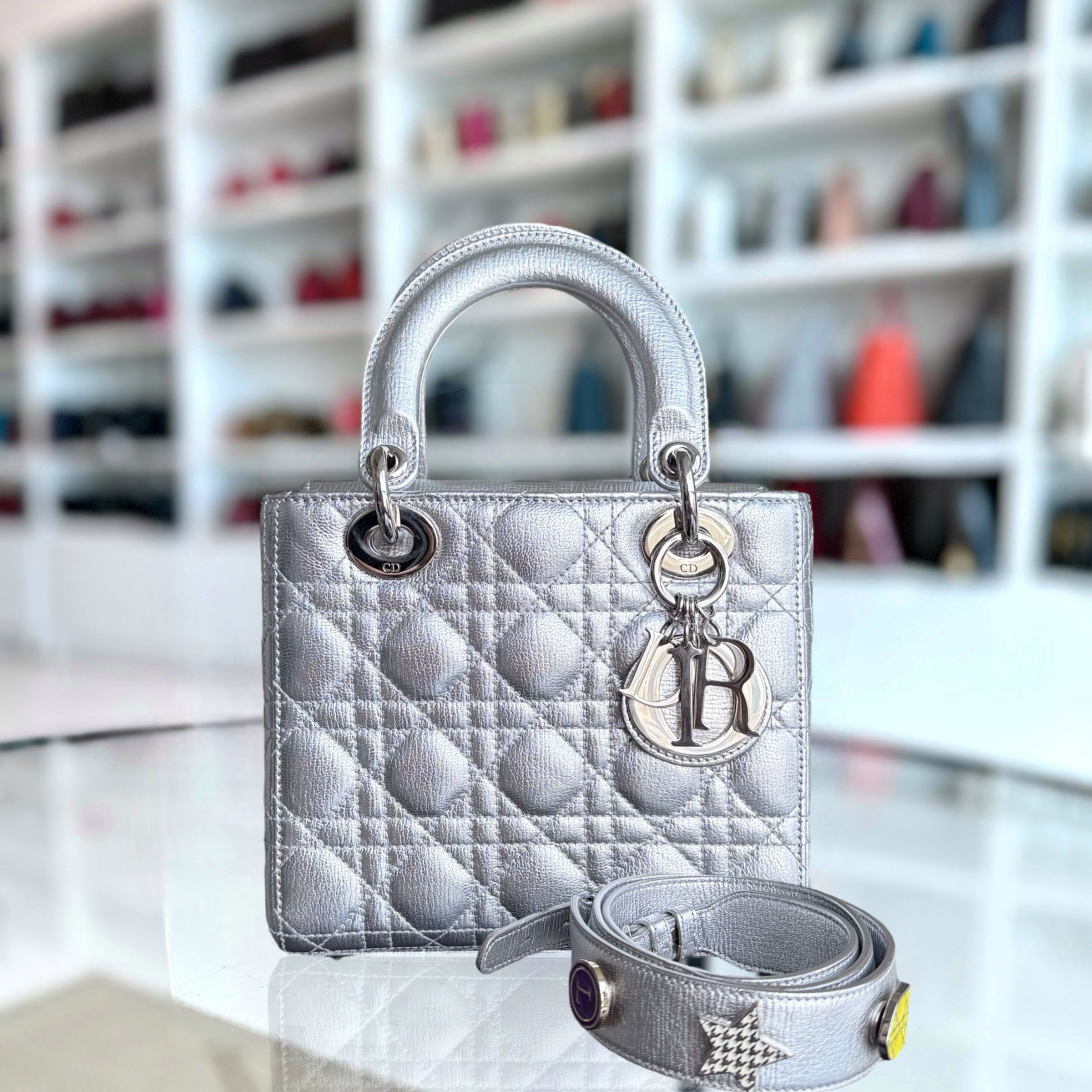 Dior Lady Small - Cannage Metallic Calfskin Silver Silver Hardware