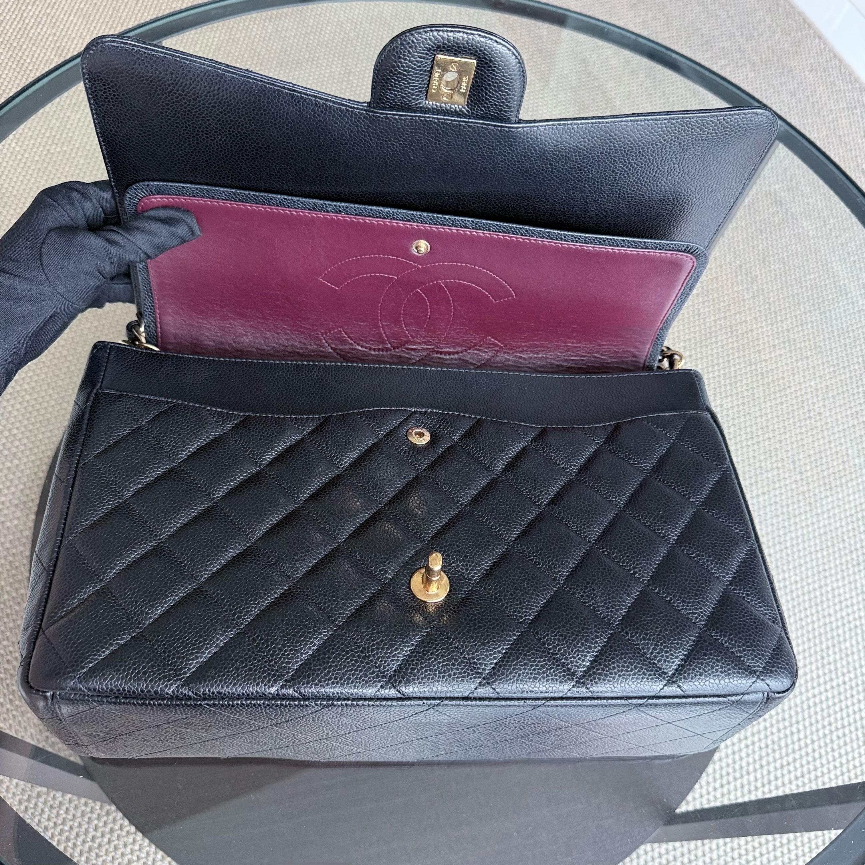Chanel Classic Flap Maxi - Caviar Double Flap 33CM Quilted Black Gold Hardware Series 15