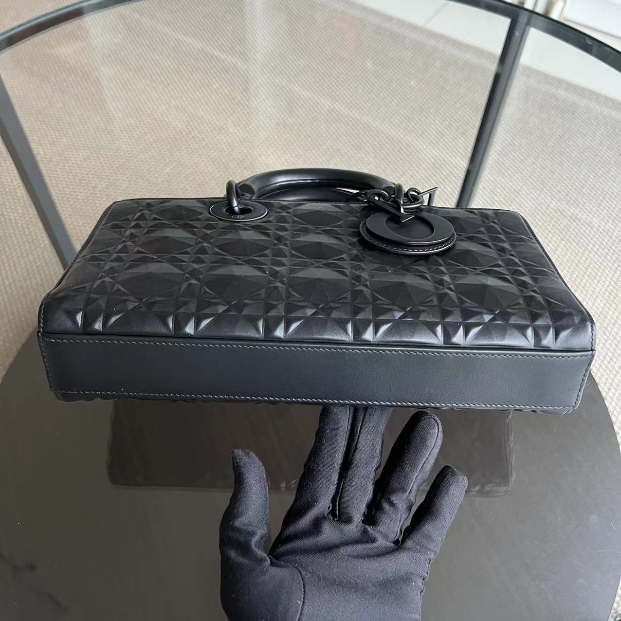 Dior D-Joy Medium - Black Cannage Dimond Motif All Black Hardware