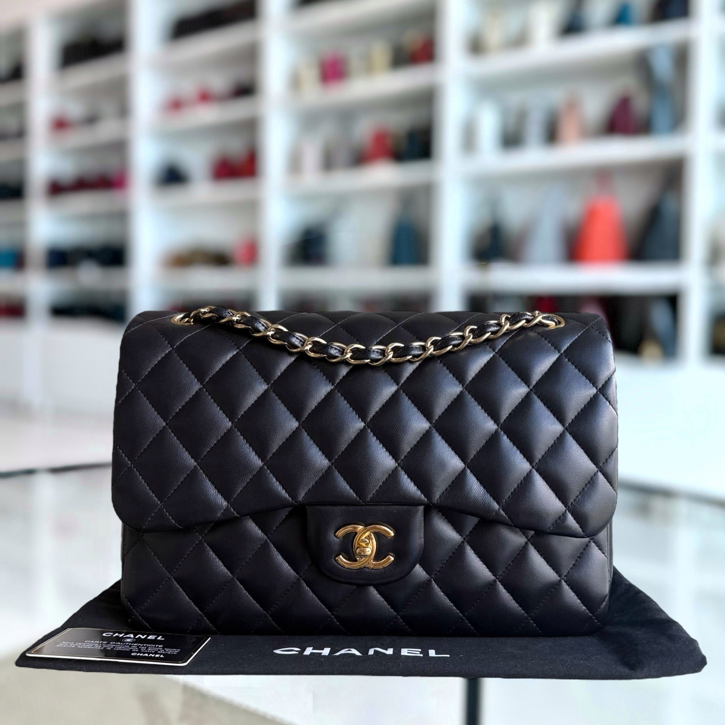 Chanel Classic Flap Jumbo - Double Flap 30CM Quilted Lambskin Black Gold Hardware Series 19