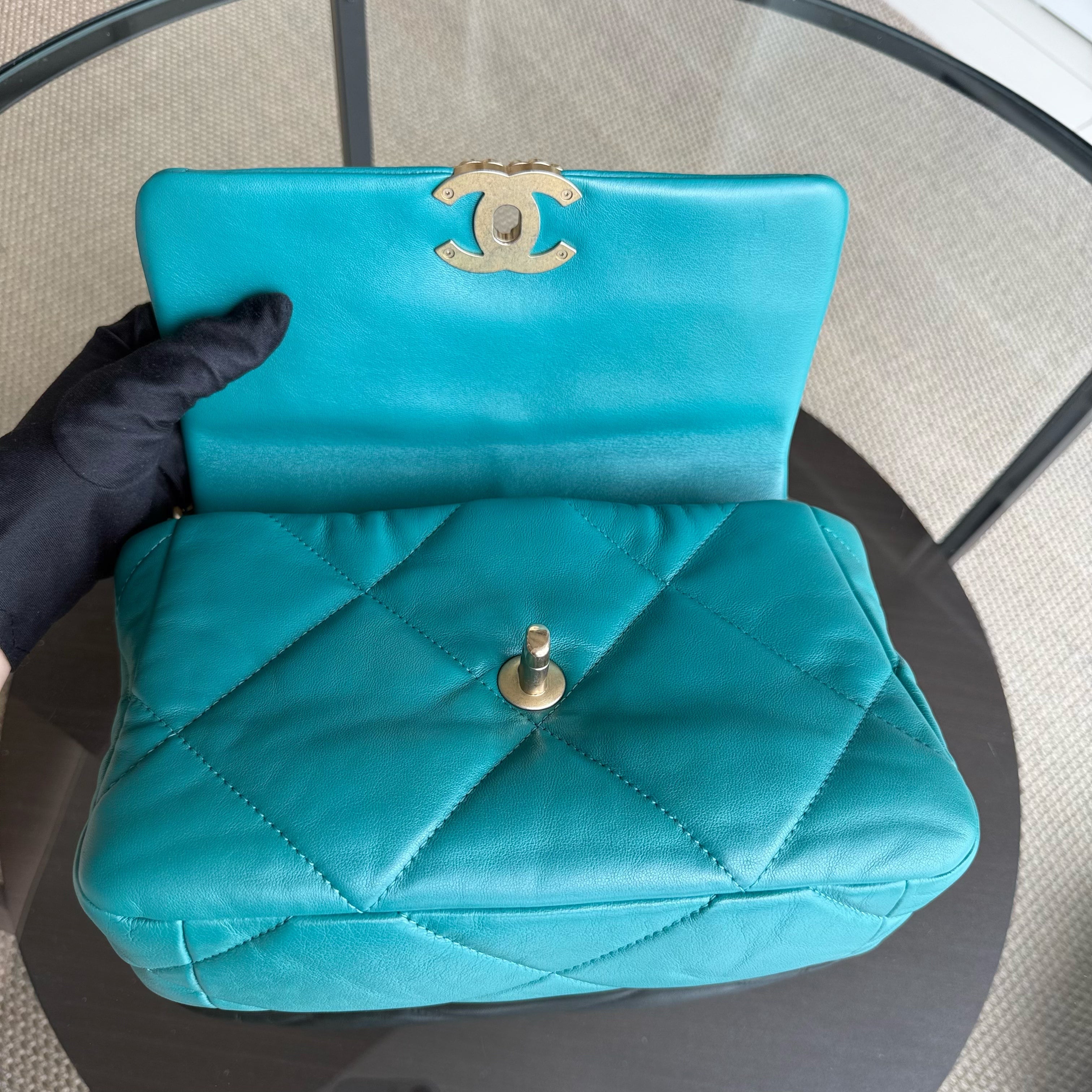 Chanel 19 Bag Small - Quilted Goatskin Green Blue Two-tone Hardware Series 30