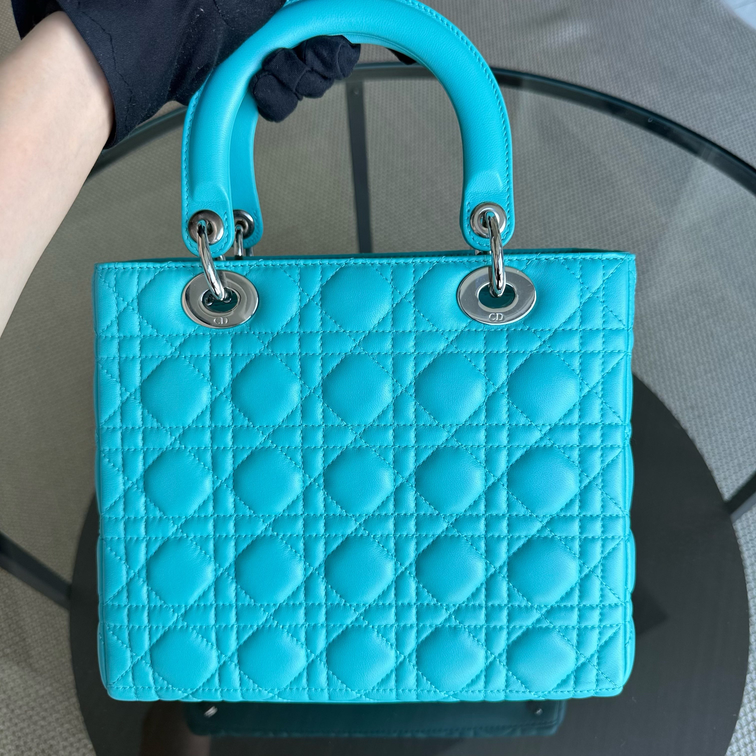 Dior Lady Medium - 25CM Cannage Lambskin Light Blue Silver Hardware