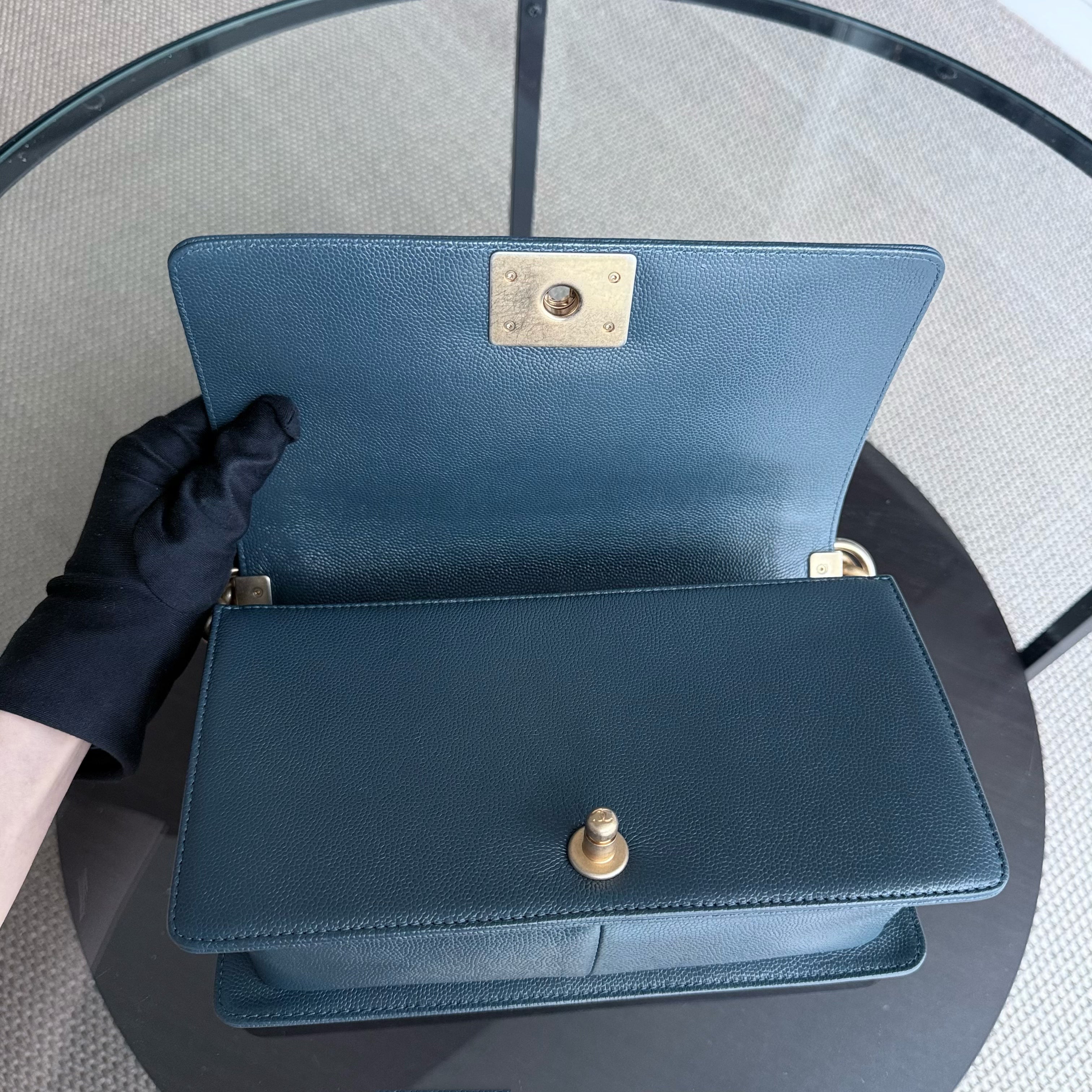 Chanel Boy Medium - Caviar 25CM Chevron Grained Calfskin Blue Gold Hardware Series 25