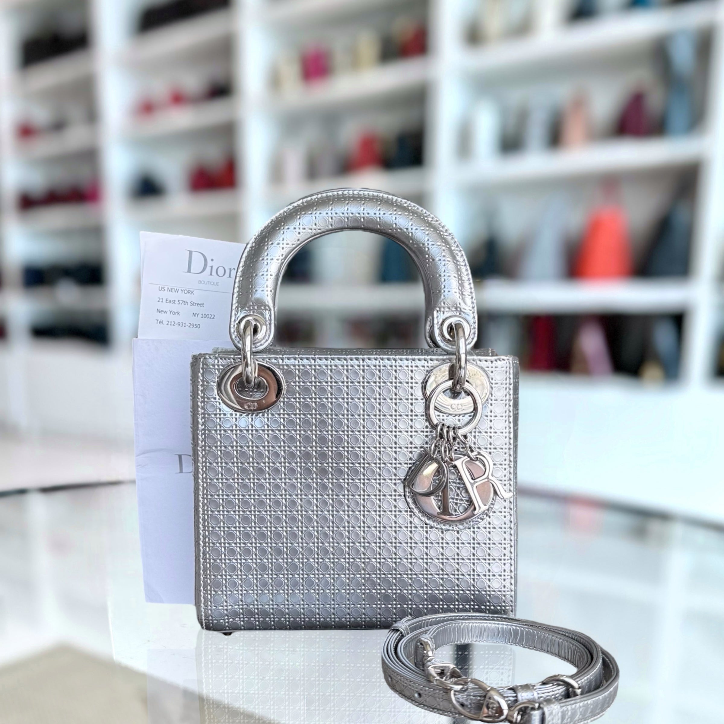 Dior Lady Mini - Micro Cannage Metallic Silver Hardware Adjustable Strap