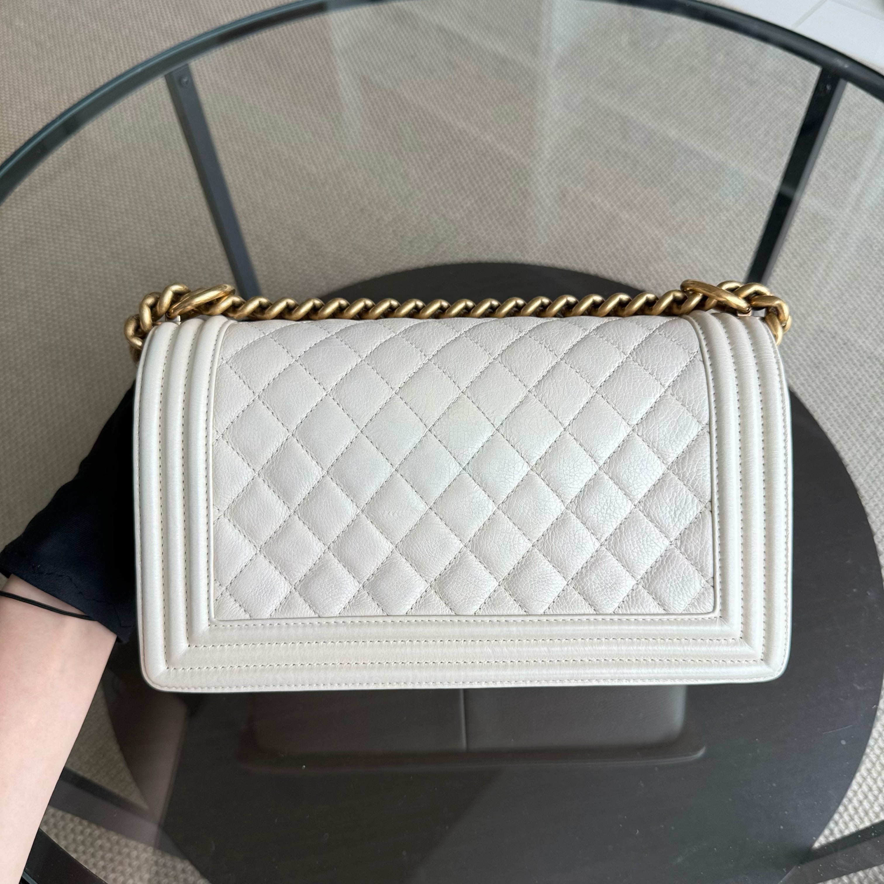 Chanel Boy Medium - Calfskin 25CM Quilted Cream White Aged Gold Hardware Series 20