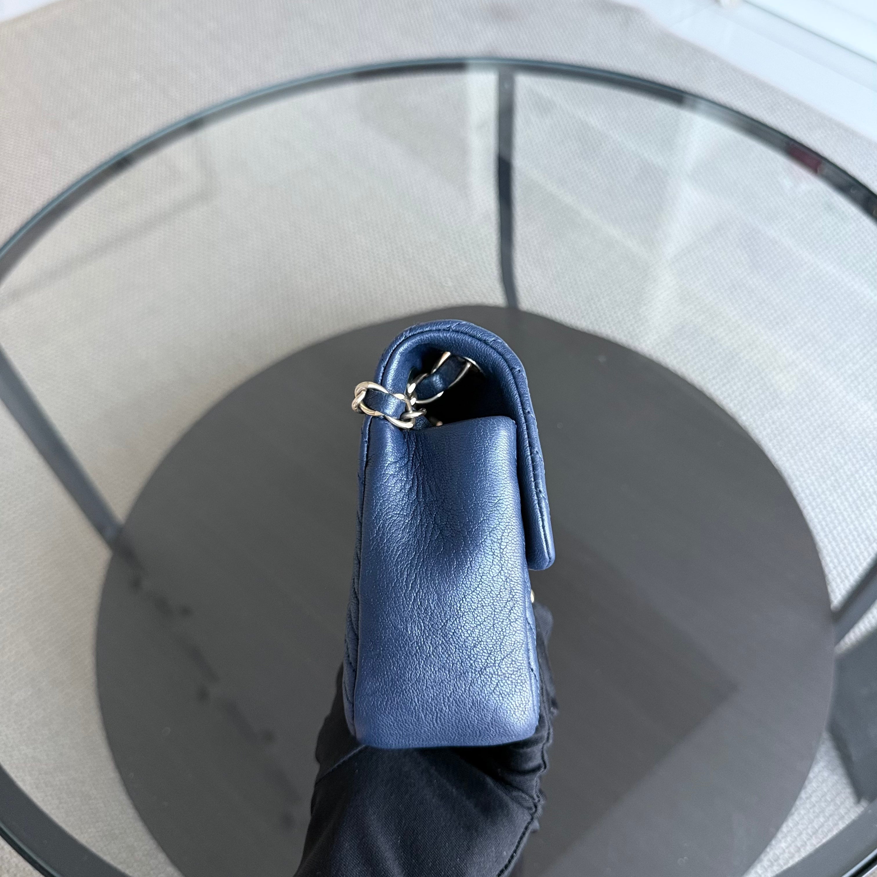 Chanel Seasonal Flap Herringbone - 23CM Calfskin Chevron Blue Distressed Aged Gold Hardware Series 21