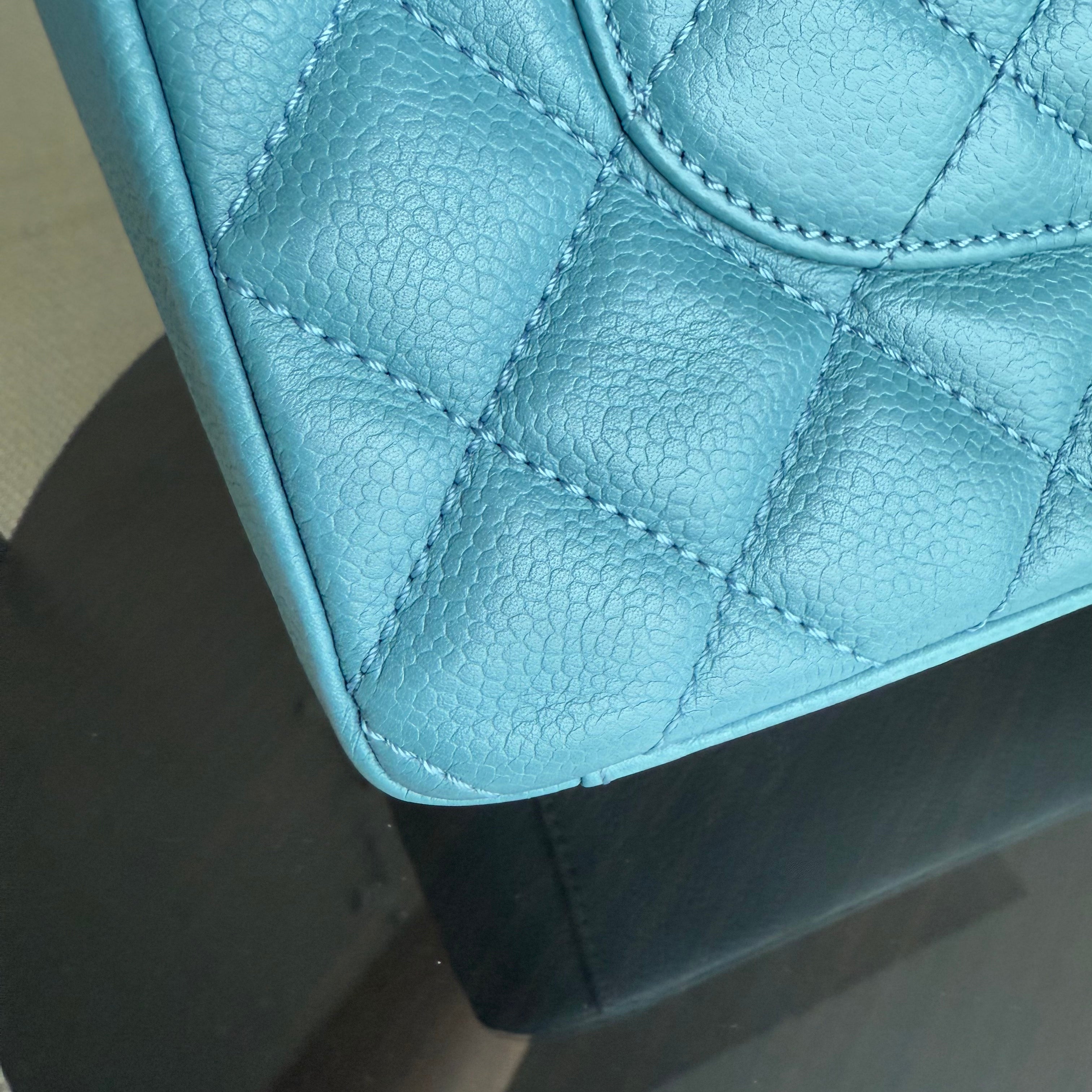 Chanel PST Petite Shopping Tote - Quilted Caviar Light Blue Silver Hardware Series 14