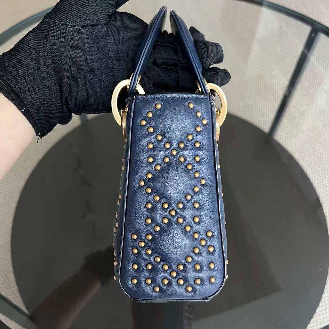 Dior Lady Mini - Studded Calfskin Dark Blue Golden Hardware