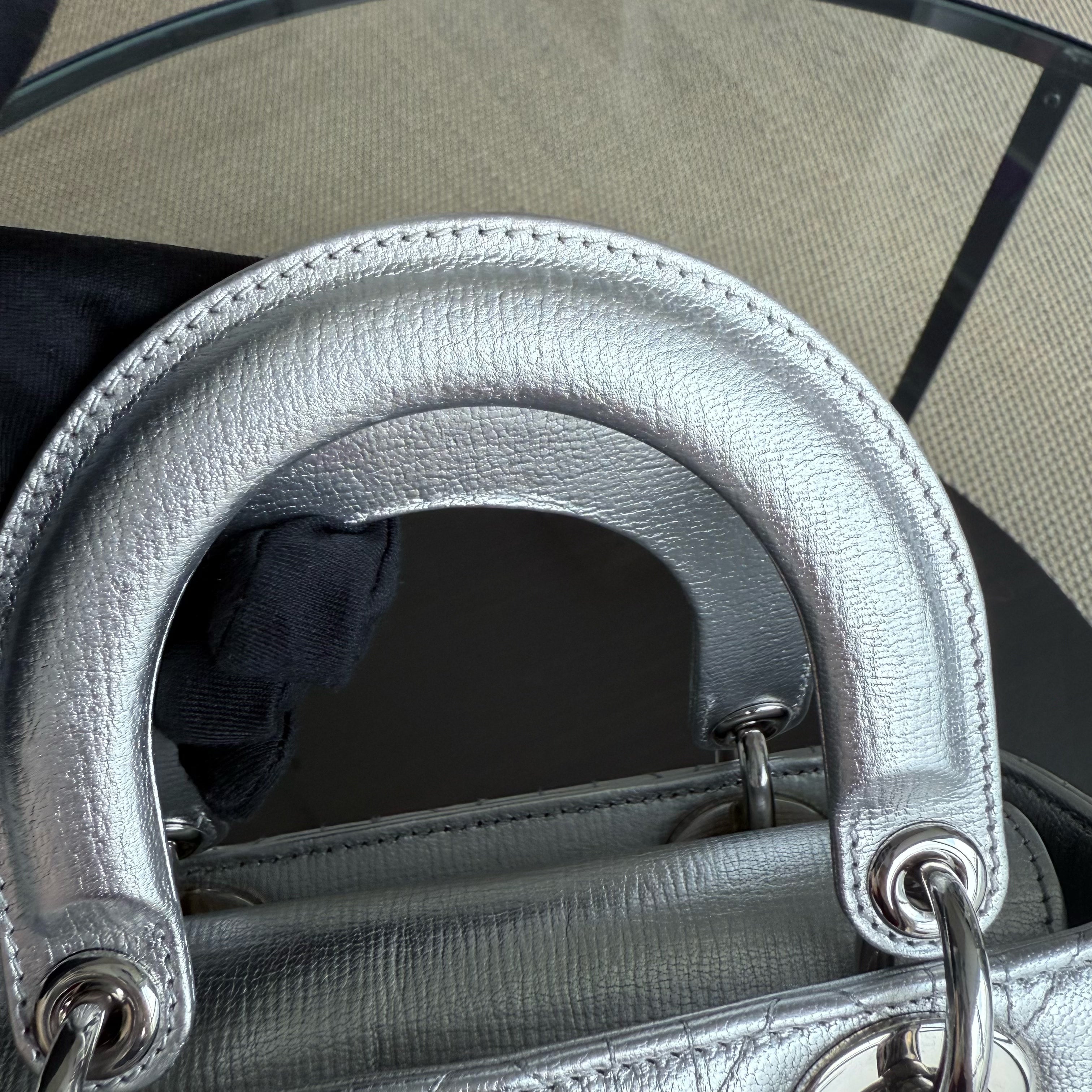 Dior Lady Small - Cannage Metallic Calfskin Silver Silver Hardware