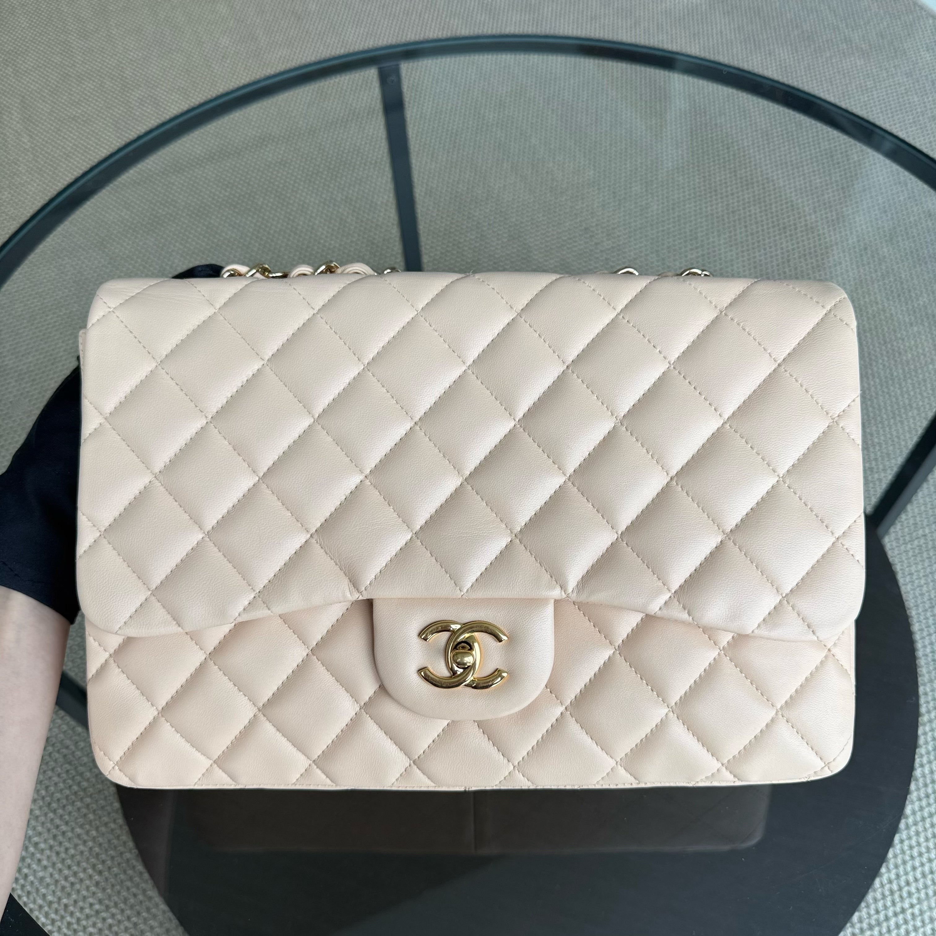 Chanel Classic Flap Jumbo - 30CM Single Flap Quilted Lambskin Beige Gold Hardware Series 13