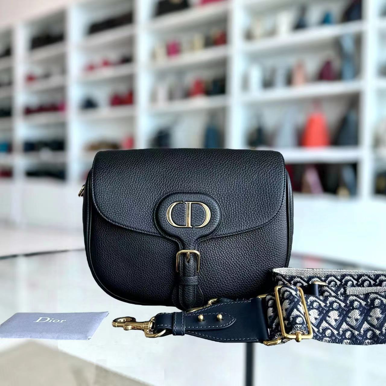 Dior Bobby Large Grained Calfskin Black Golden Hardware With Strap - Luxury Evermore