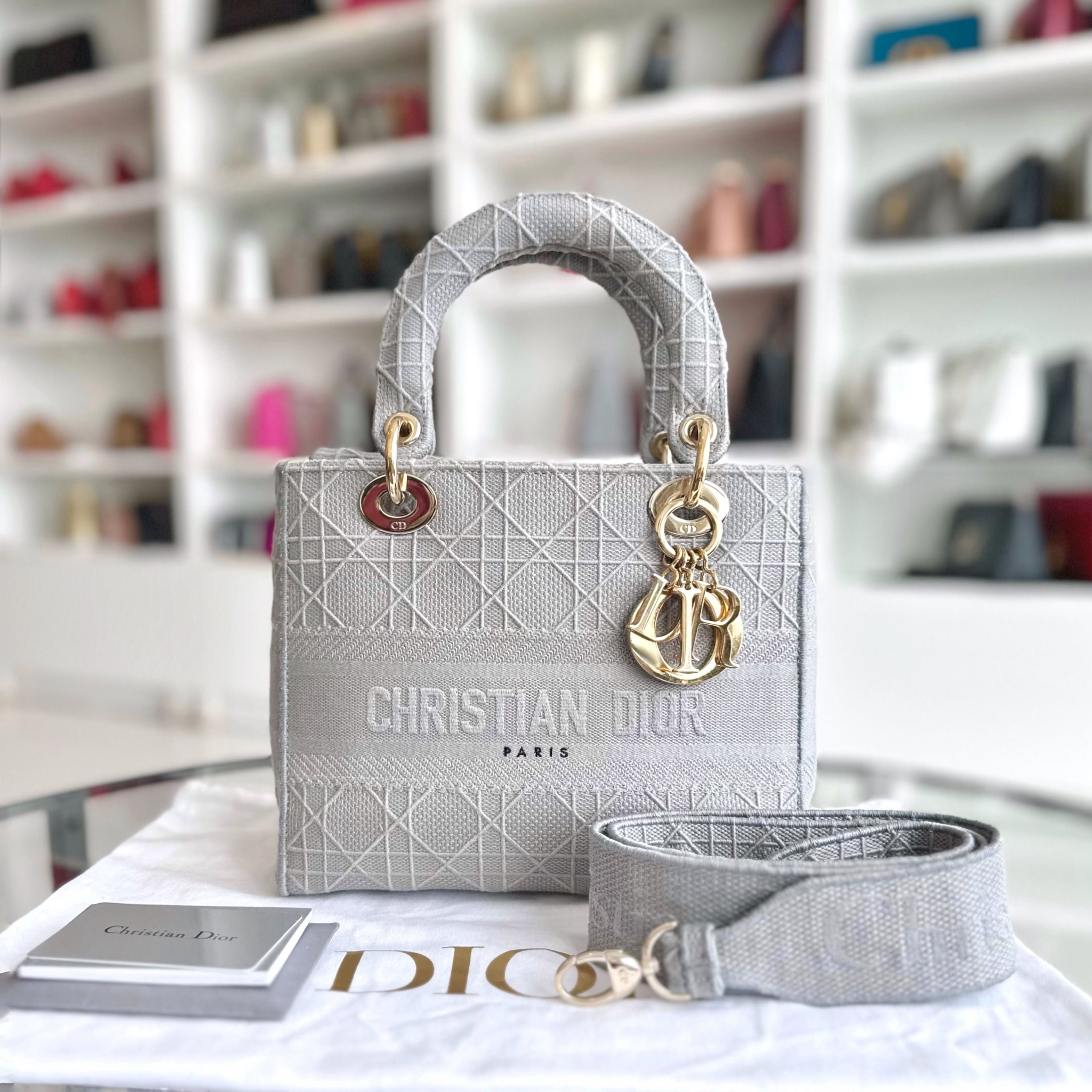 Dior Lady D-Lite Cannage Embroidery D Lite Grey GHW - Luxury Evermore