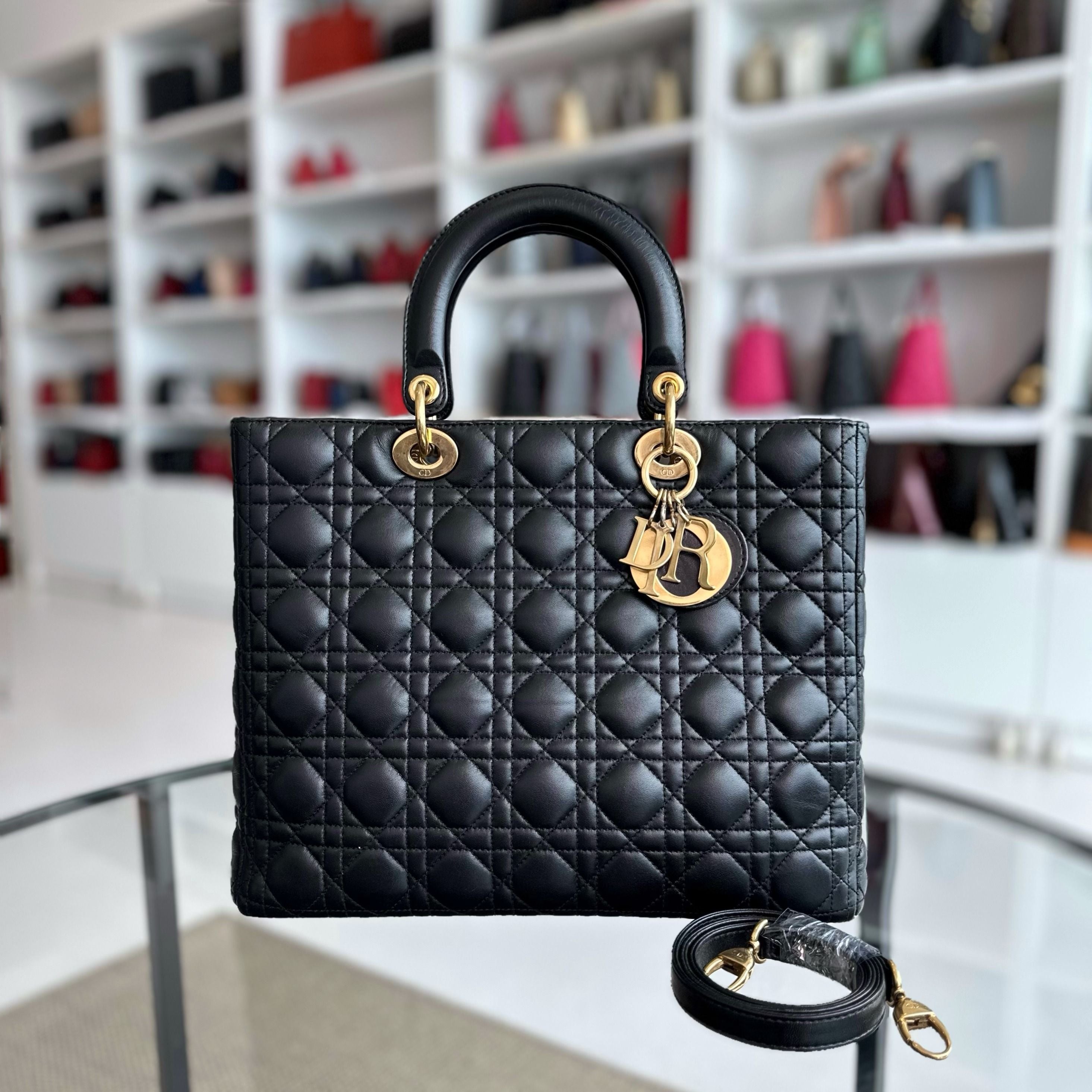 Dior Lady Large Lambskin Cannage Black GHW - Luxury Evermore