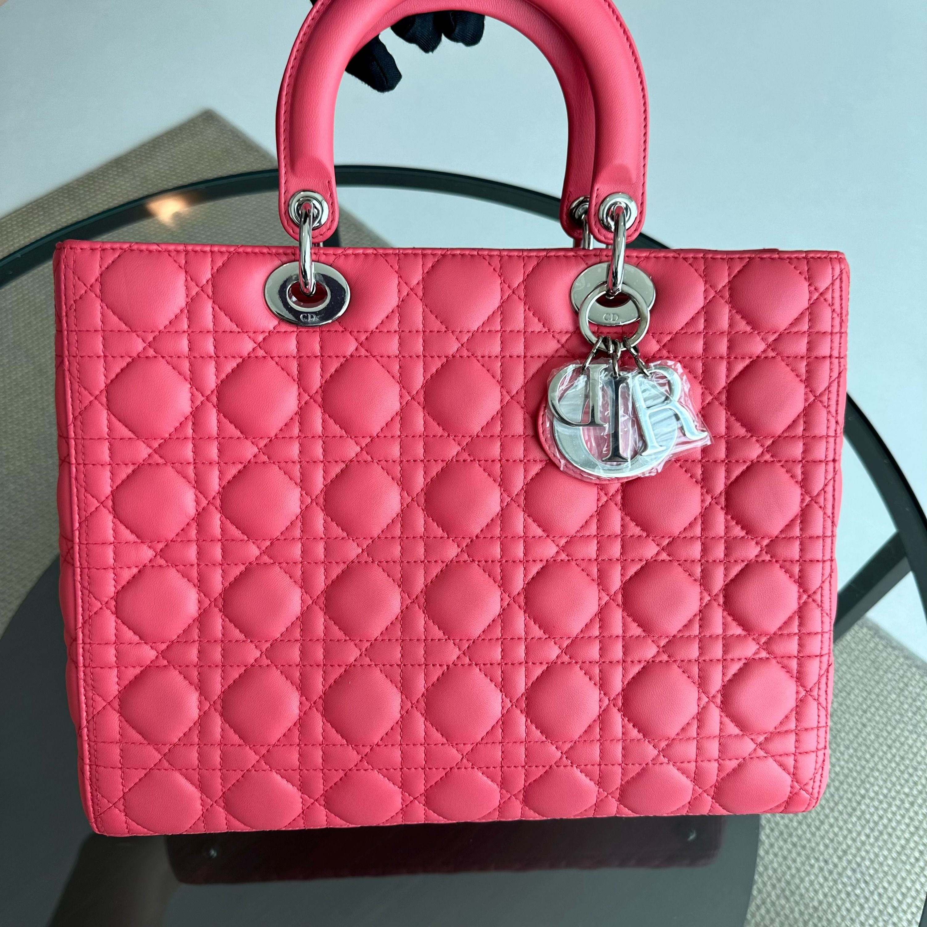 Dior Lady Large Lambskin Cannage Hot Pink SHW - Luxury Evermore