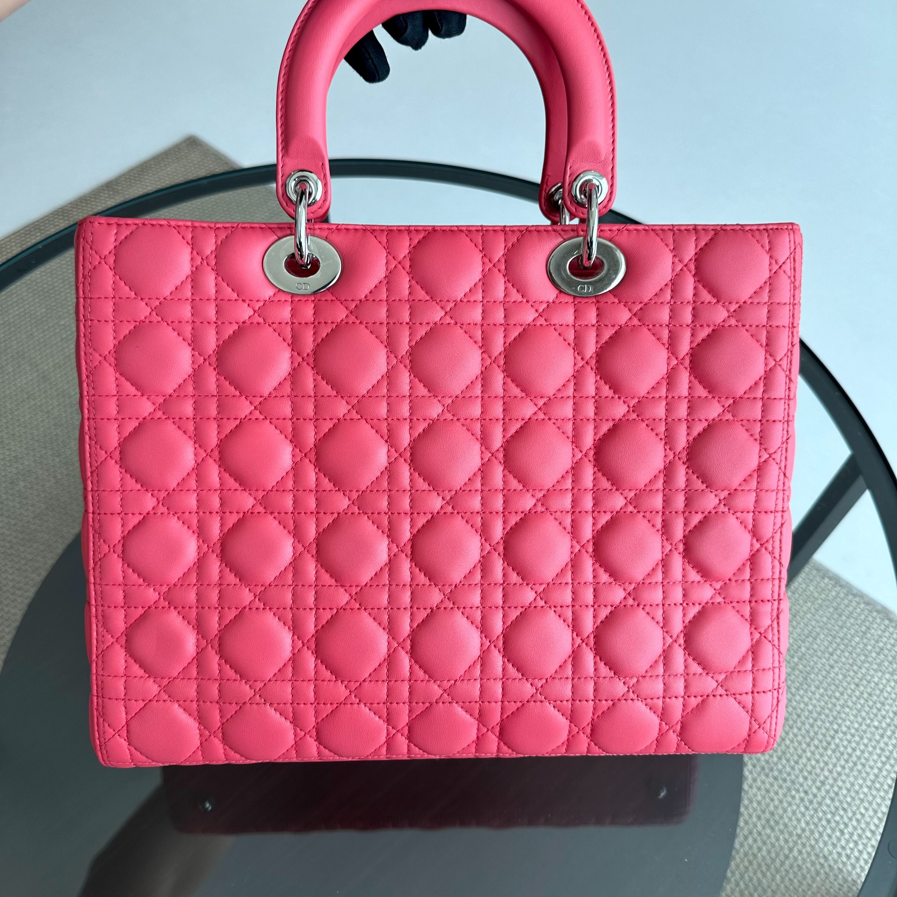 Dior Lady Large Lambskin Cannage Hot Pink SHW - Luxury Evermore