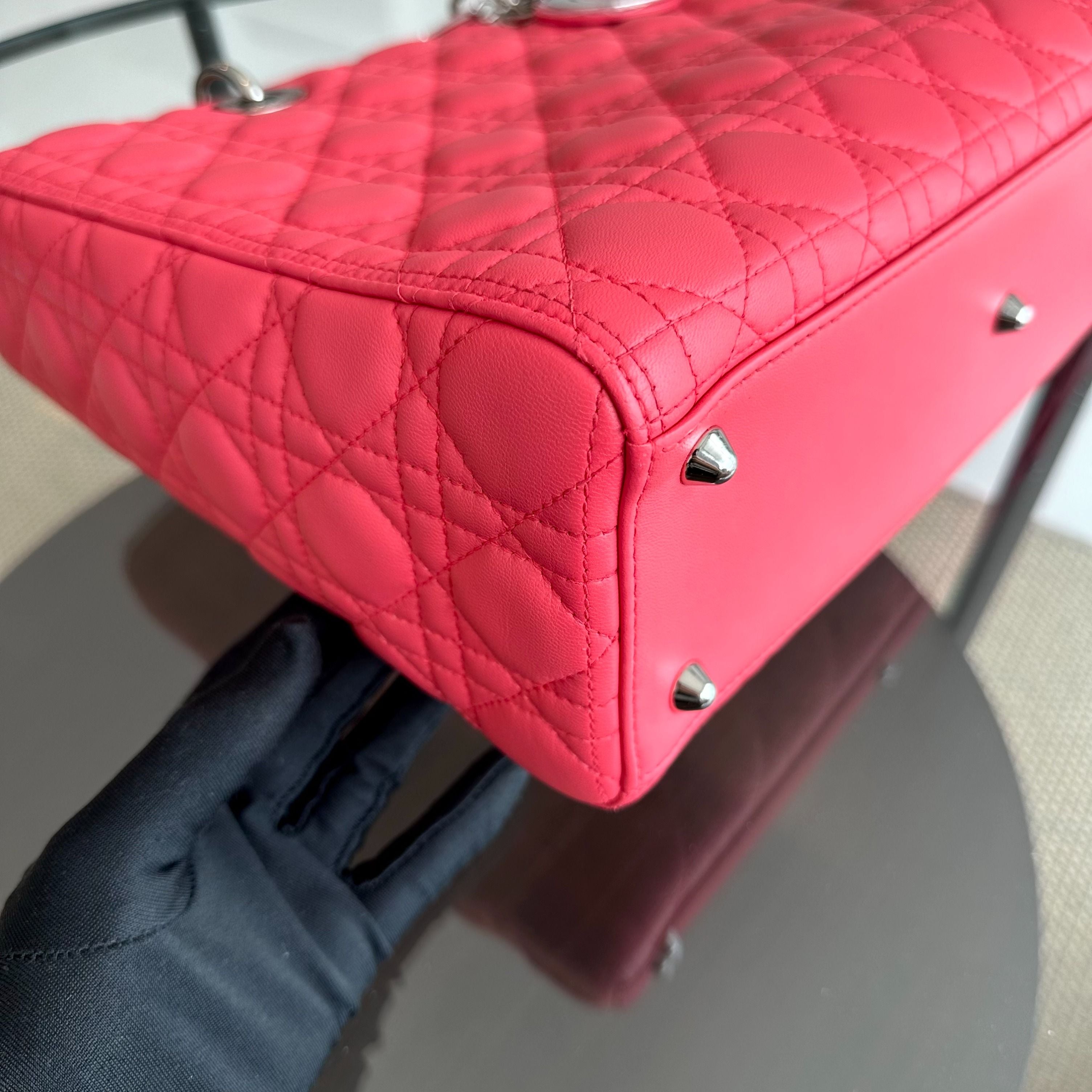 Dior Lady Large Lambskin Cannage Hot Pink SHW - Luxury Evermore