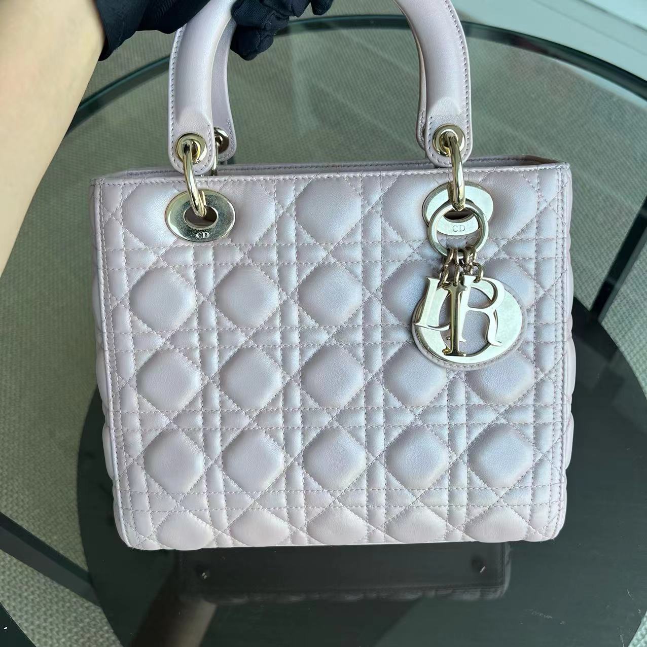 Dior Lady Medium Cannage Lambskin Iridescent Sakura Pink Golden Hardware - Luxury Evermore
