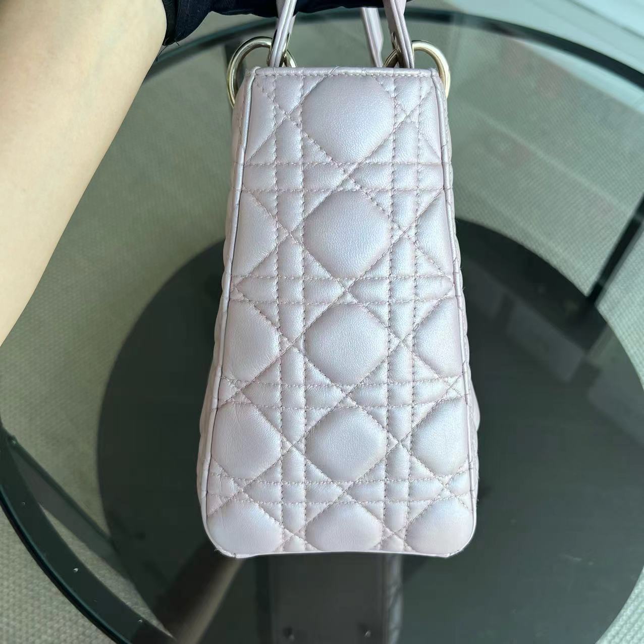Dior Lady Medium Cannage Lambskin Iridescent Sakura Pink Golden Hardware - Luxury Evermore