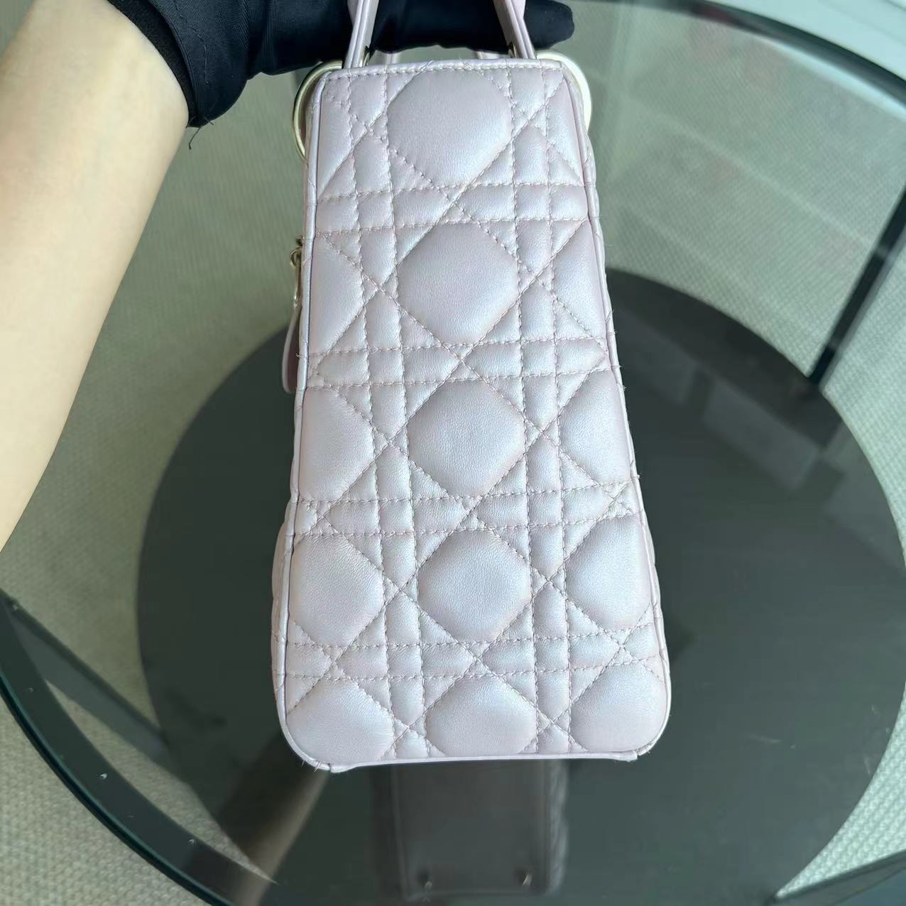 Dior Lady Medium Cannage Lambskin Iridescent Sakura Pink Golden Hardware - Luxury Evermore