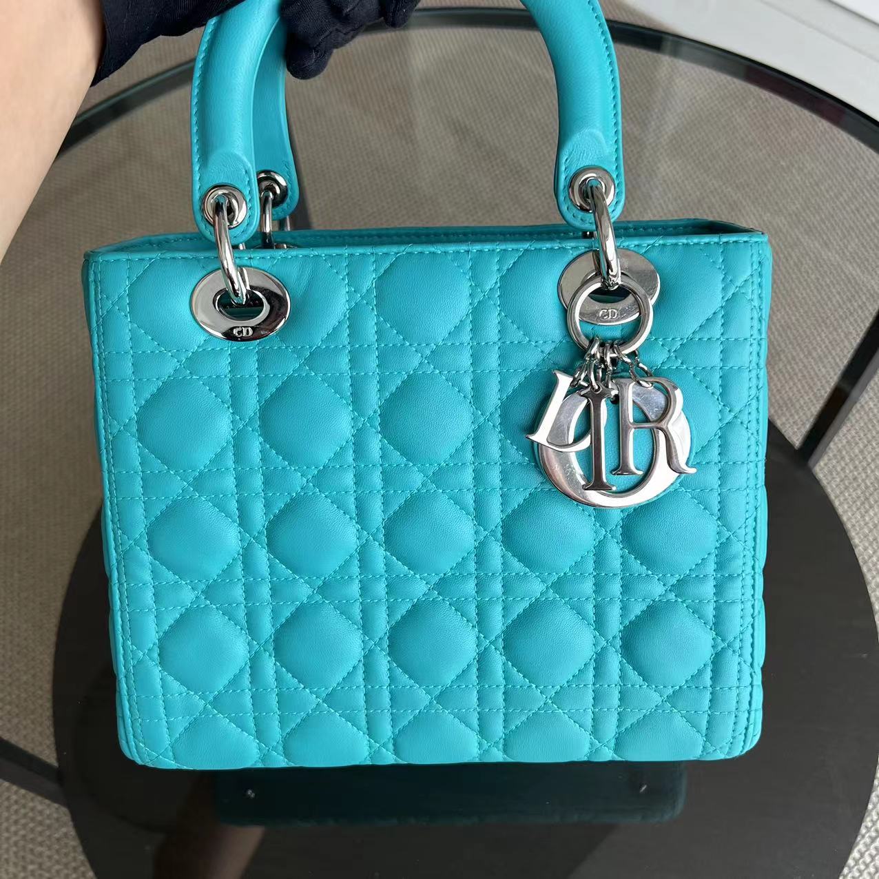 Dior Lady Medium Cannage Lambskin Light Blue Silver Hardware - Luxury Evermore