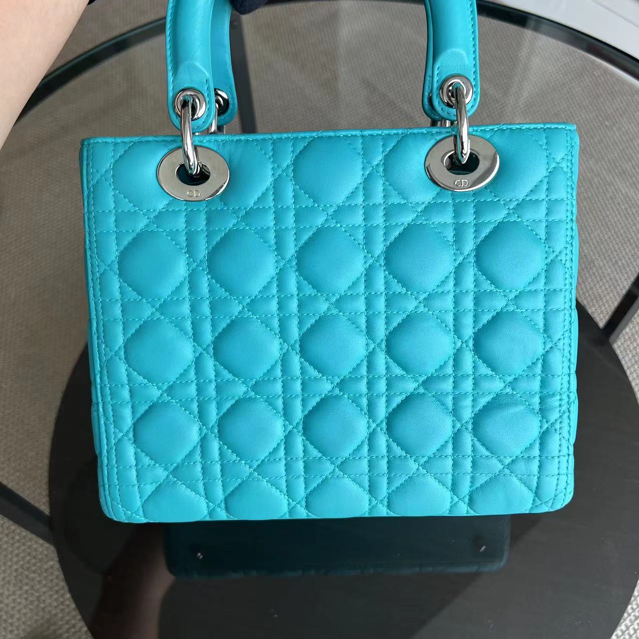 Dior Lady Medium Cannage Lambskin Light Blue Silver Hardware - Luxury Evermore