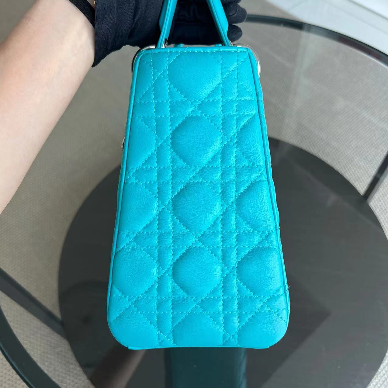 Dior Lady Medium Cannage Lambskin Light Blue Silver Hardware - Luxury Evermore