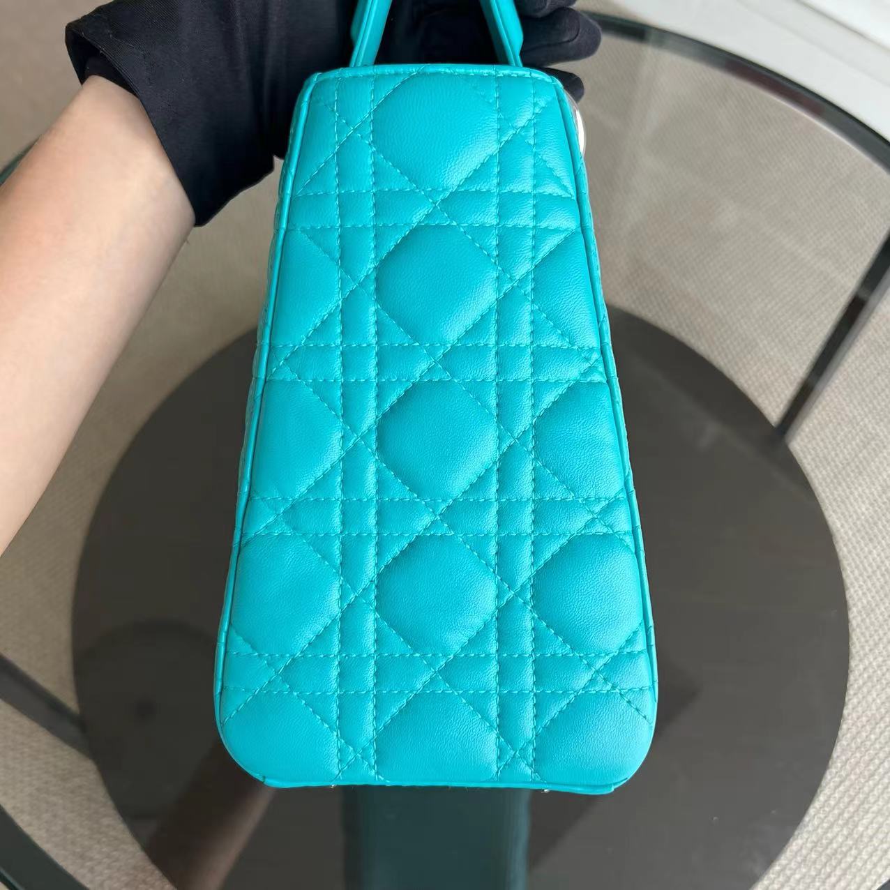 Dior Lady Medium Cannage Lambskin Light Blue Silver Hardware - Luxury Evermore