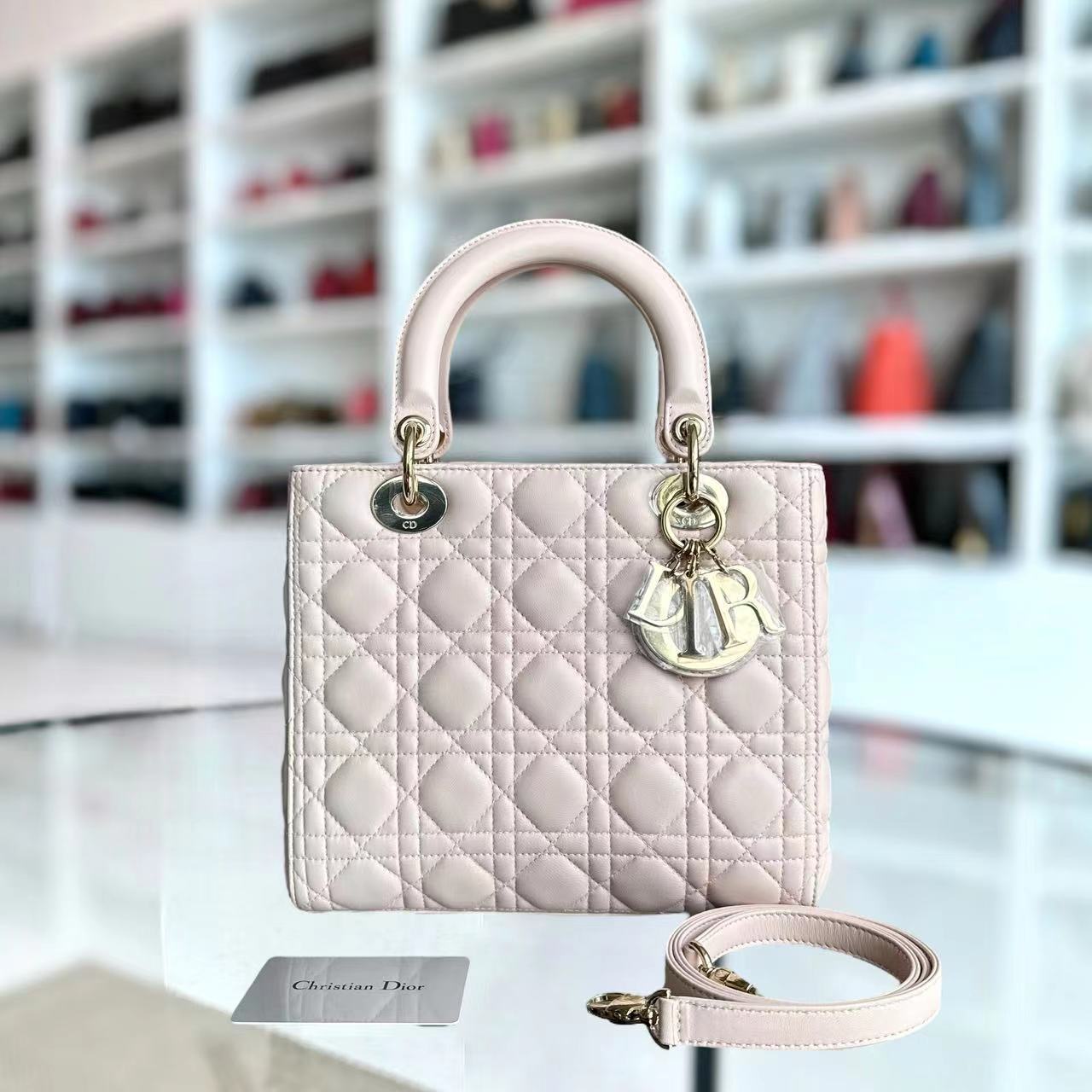 Dior Lady Medium Cannage Lambskin Sakura Pink LGHW - Luxury Evermore