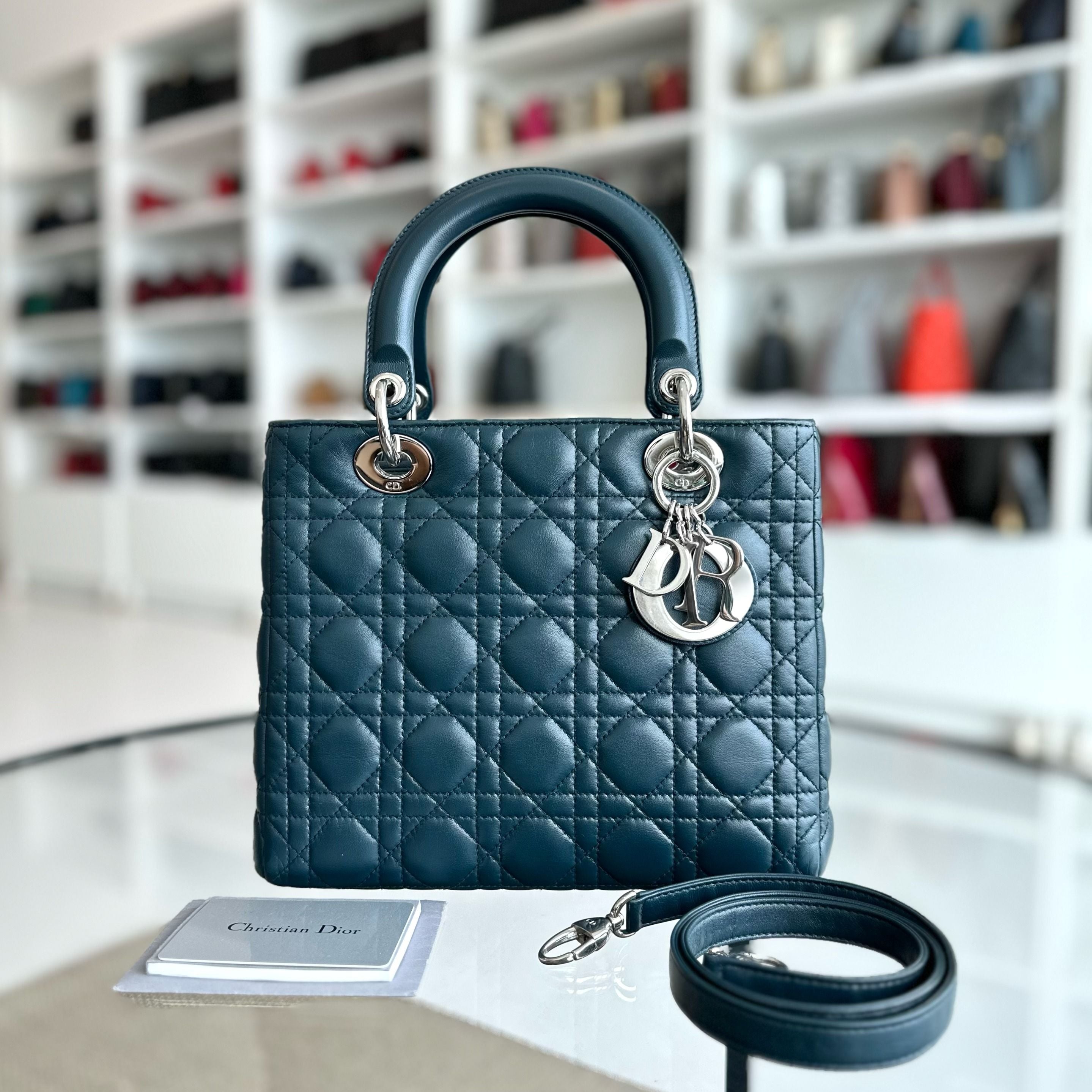 Dior Lady Medium Lambskin Cannage Dark Blue SHW - Luxury Evermore