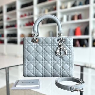 Dior Lady Medium Lambskin Cannage Grey SHW - Luxury Evermore