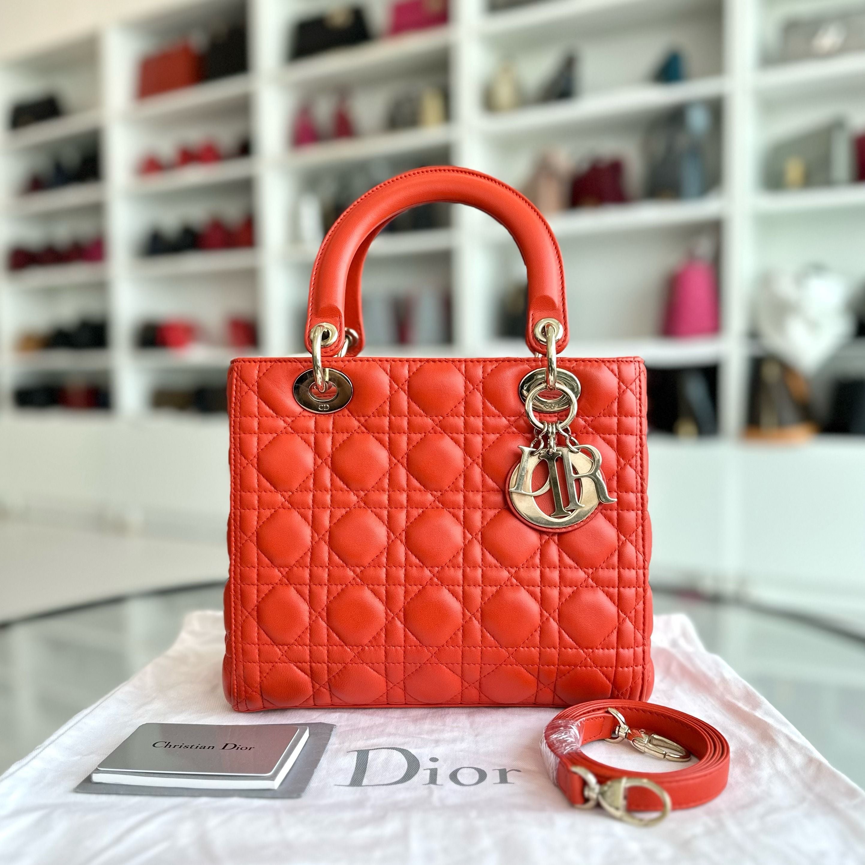 Dior Lady Medium Lambskin Cannage Orange GHW - Luxury Evermore