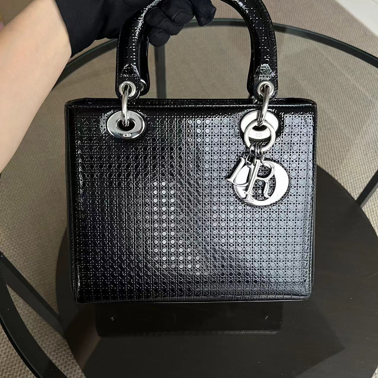 Dior Lady Medium Micro Cannage Patent Calfskin Black SHW - Luxury Evermore