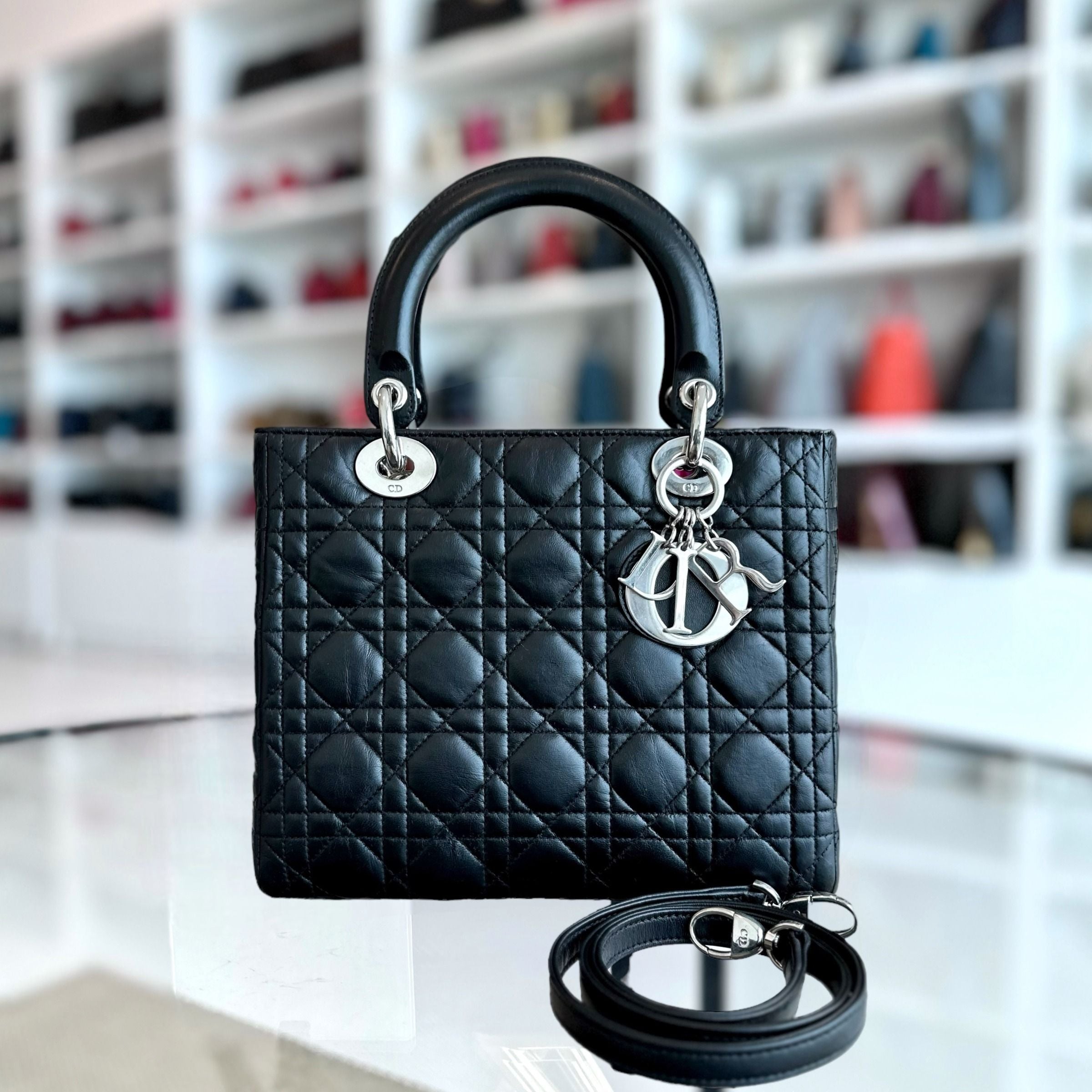 Dior Lady Medium Vintage Cannage Lambskin Black SHW - Luxury Evermore