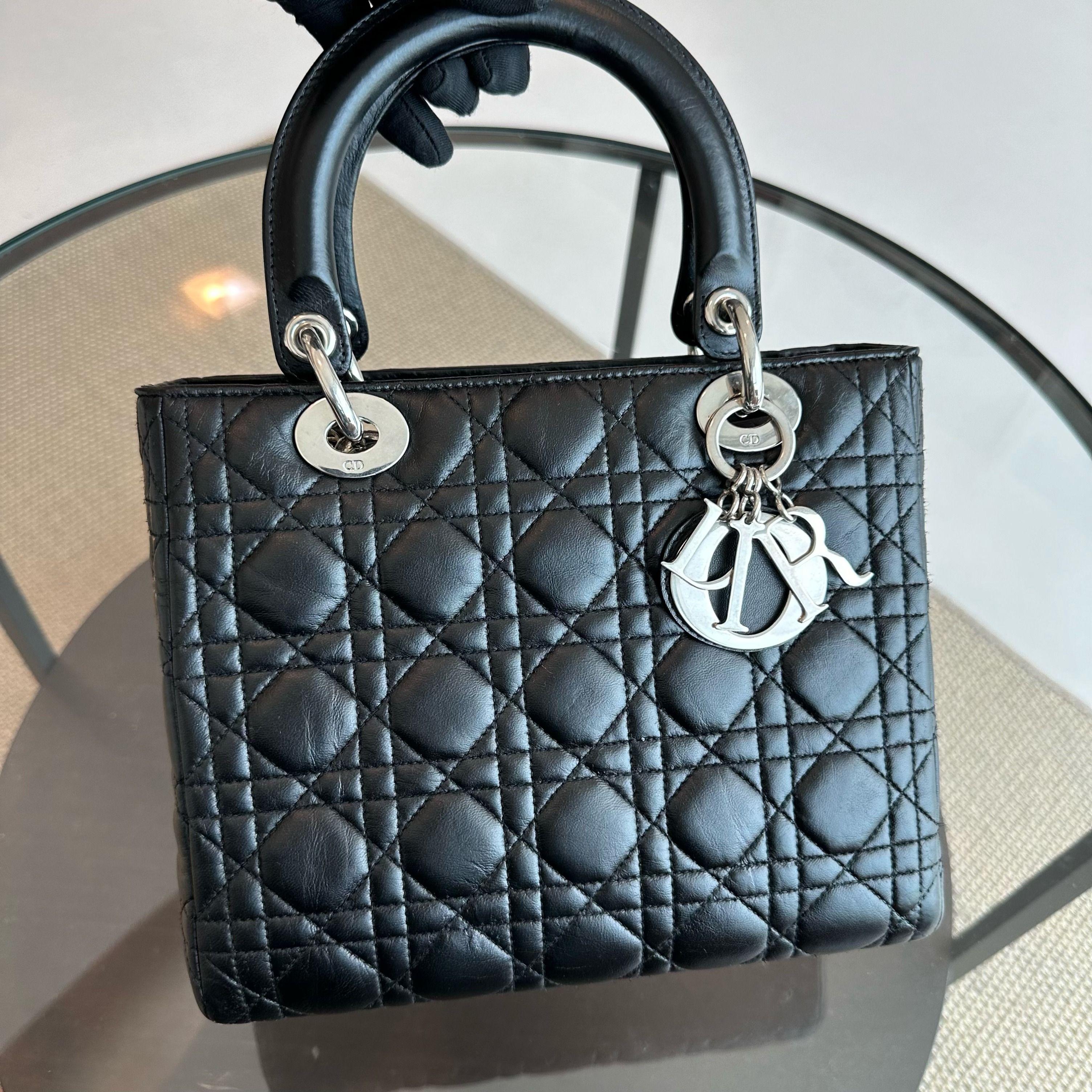 Dior Lady Medium Vintage Cannage Lambskin Black SHW - Luxury Evermore
