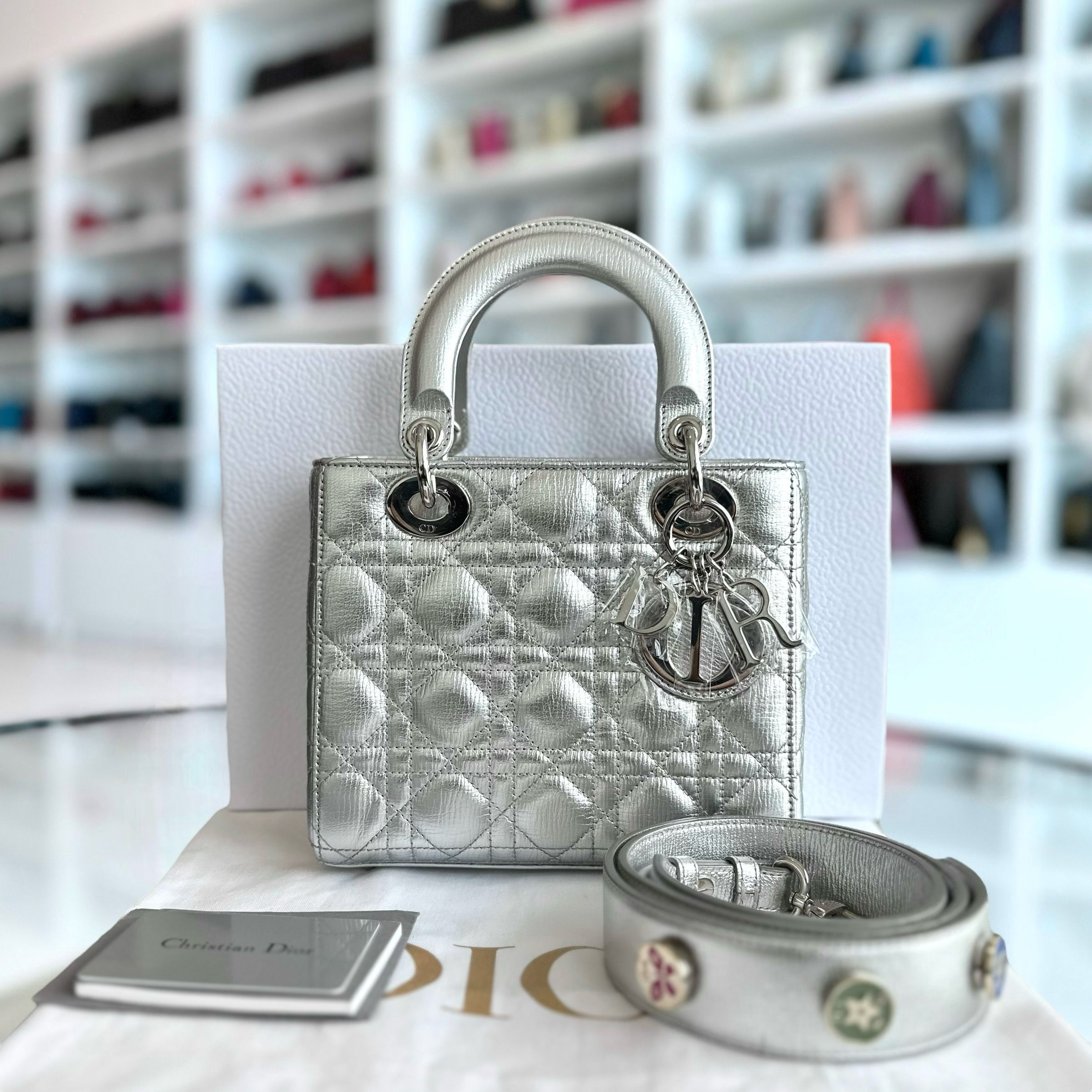 Dior Lady Metallic Calfskin Silver Limited Edition Badge Charm ABC SHW - Luxury Evermore