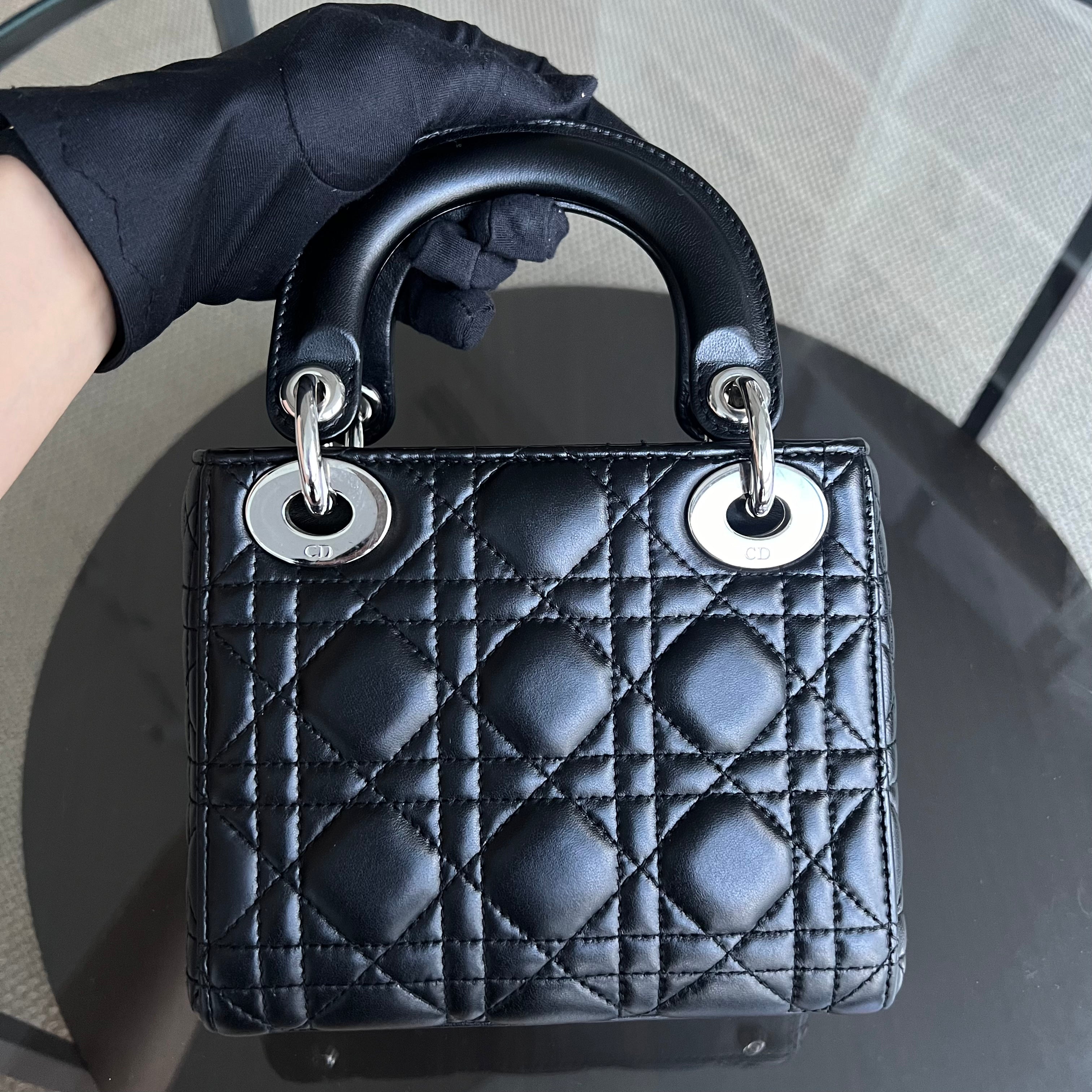 Dior Lady Mini Cannage Lambskin Black Silver Hardware Chain Version - Luxury Evermore