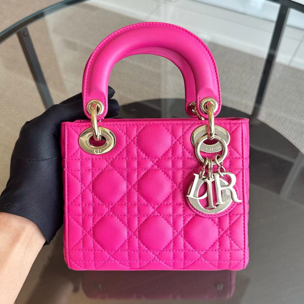 Dior Lady Mini Cannage Lambskin Hot Pink GHW - Luxury Evermore