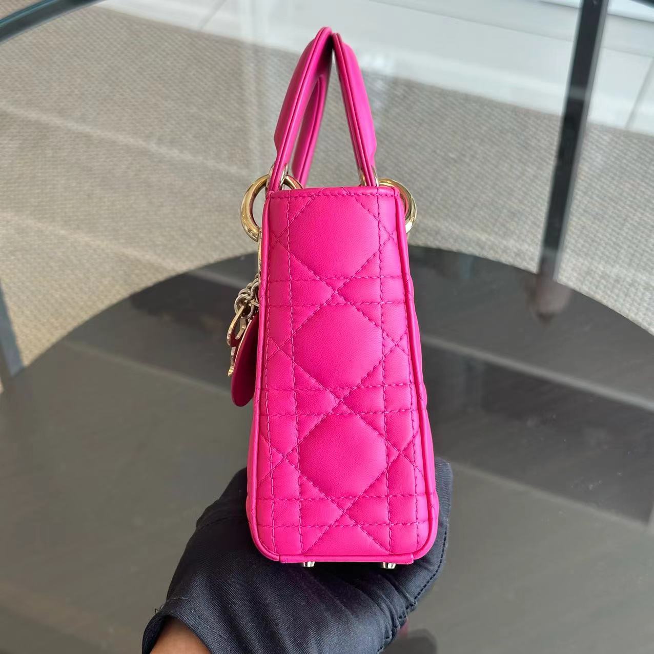 Dior Lady Mini Cannage Lambskin Hot Pink GHW - Luxury Evermore