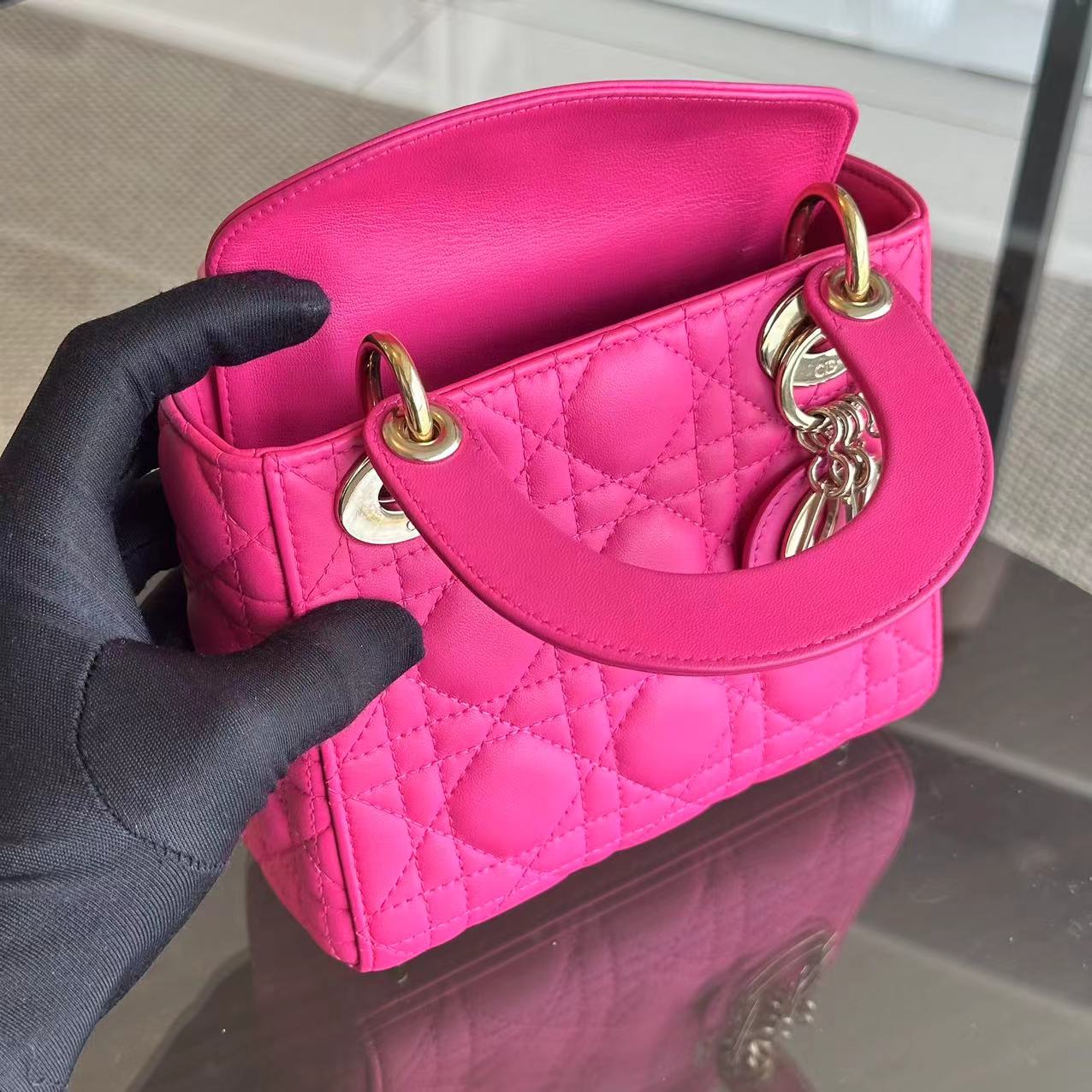 Dior Lady Mini Cannage Lambskin Hot Pink GHW - Luxury Evermore