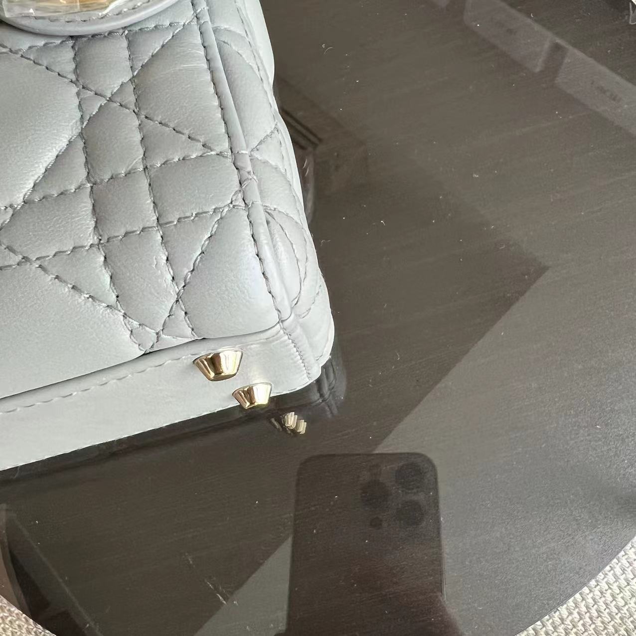 Dior Lady Mini Cannage Lambskin Light Grey Gray Golden Hardware Chain Version - Luxury Evermore