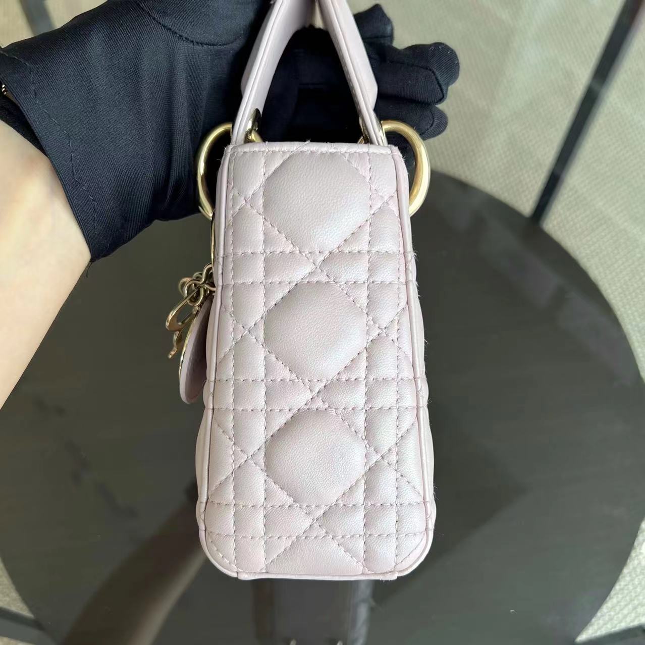 Dior Lady Mini Cannage Lambskin Light Sakura Pink Golden Hardware Chain Strap - Luxury Evermore