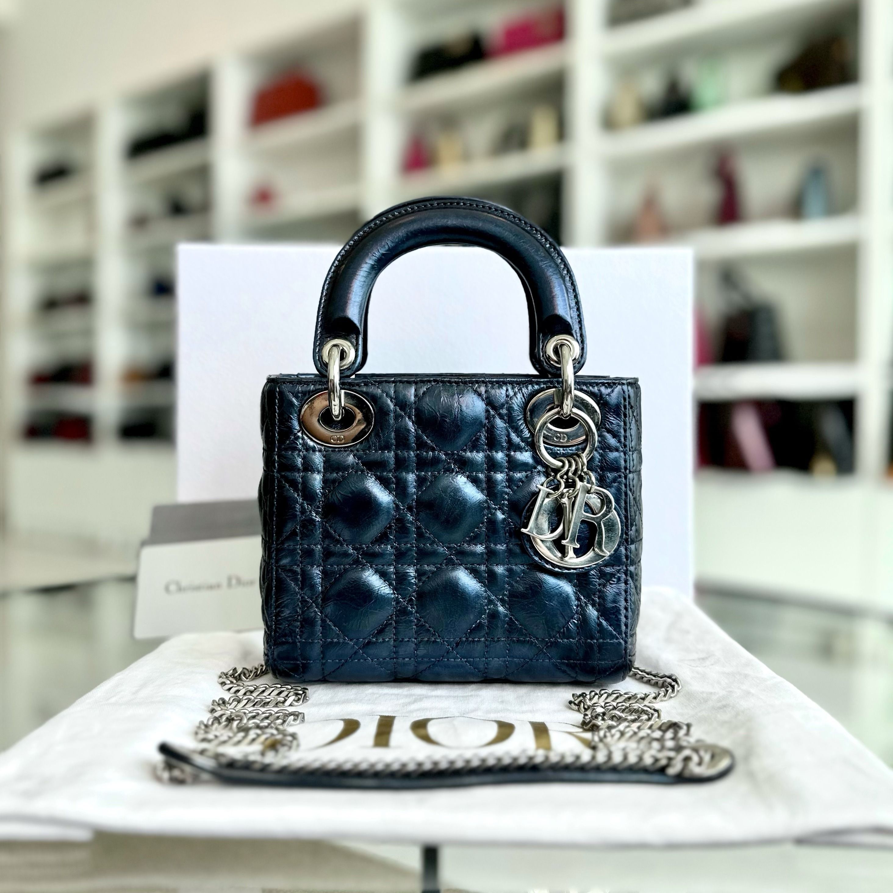 Dior Lady Mini Glazed Calfskin Iridescent Blue Chain Strap SHW - Luxury Evermore