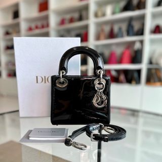 Dior Lady Mini Glazed Calfskin Patent Leather Black SHW - Luxury Evermore