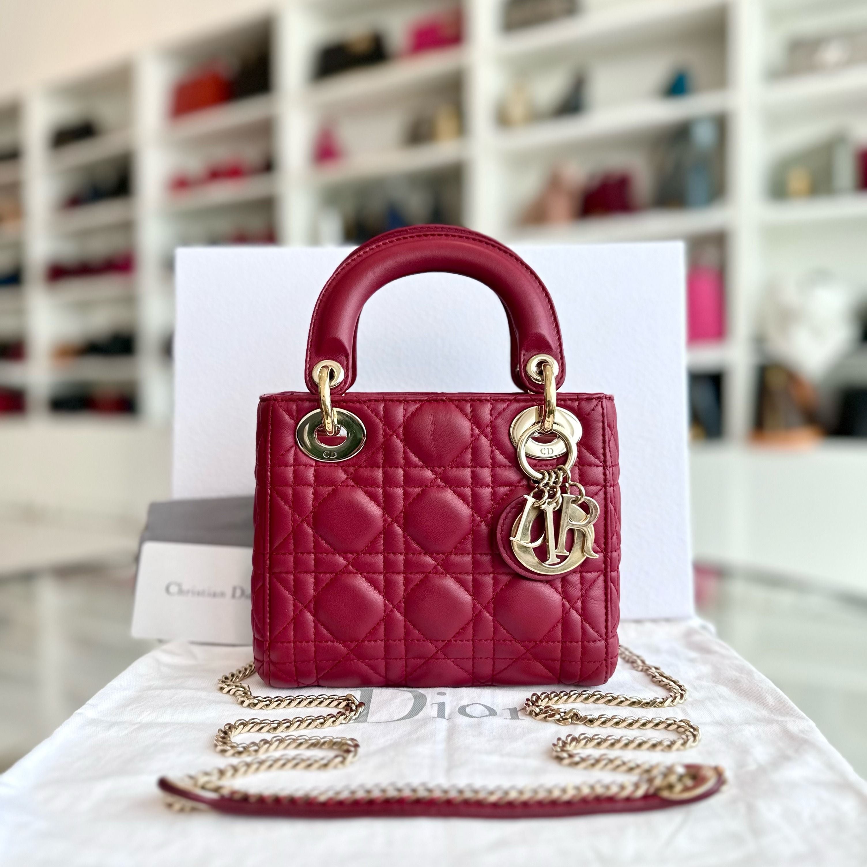 Dior Lady Mini Lambskin Red Chain Strap GHW - Luxury Evermore