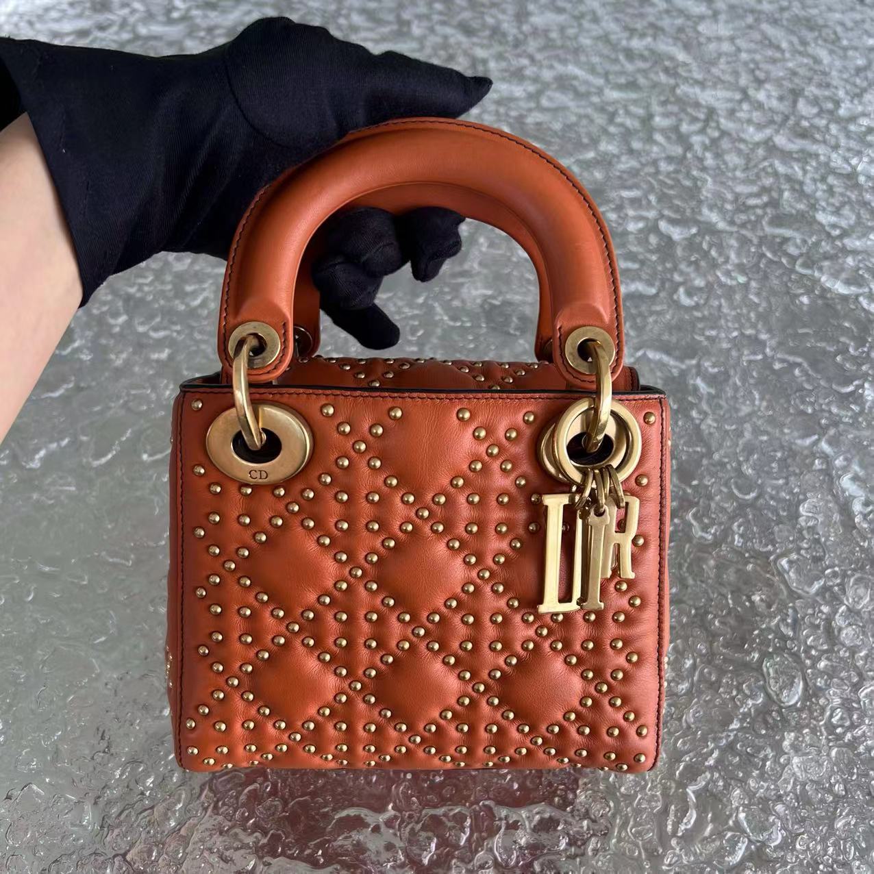 Dior Lady Mini Studded Calfskin Caramel Golden Hardware - Luxury Evermore