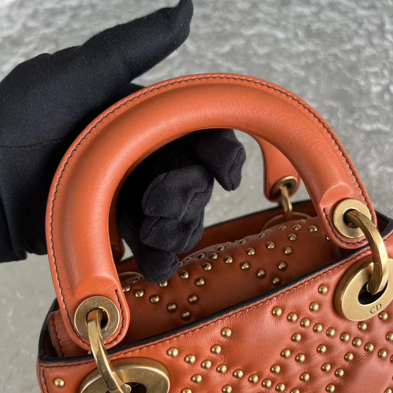 Dior Lady Mini Studded Calfskin Caramel Golden Hardware - Luxury Evermore