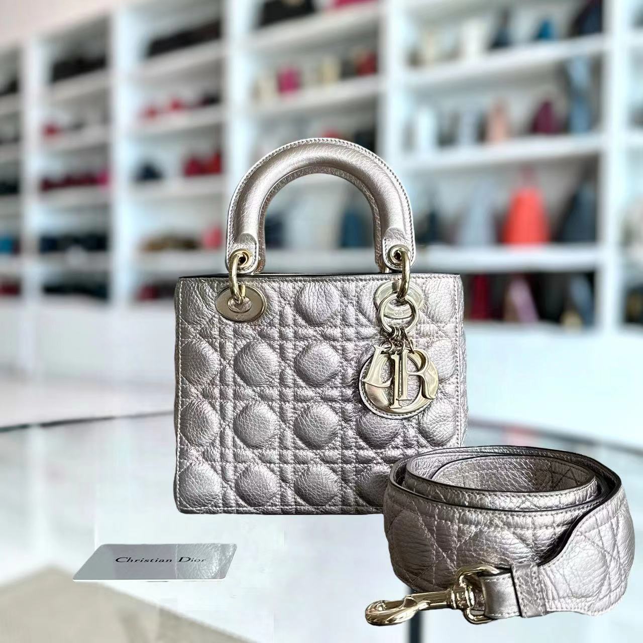 Dior Lady Small Cannage Grained Calfskin Metallic Rose Gold GHW - Luxury Evermore