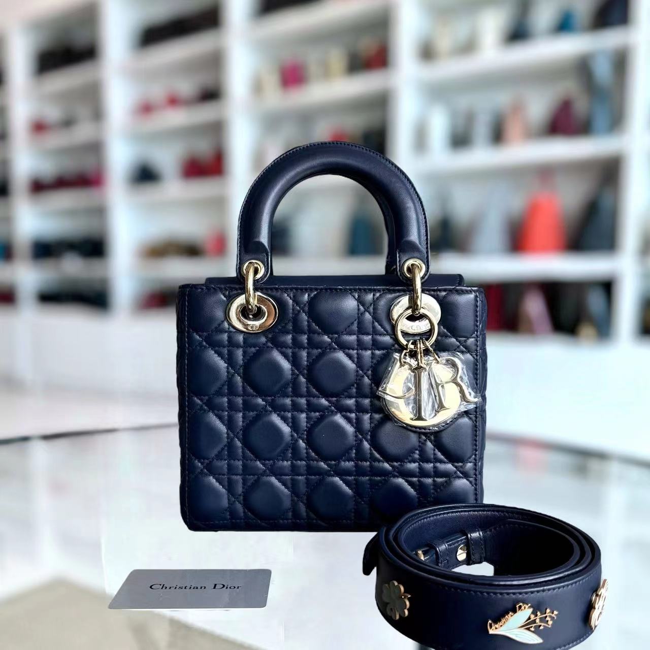 Dior Lady Small Cannage Lambskin Dark Blue My Lady ABC Charm Badge GHW - Luxury Evermore