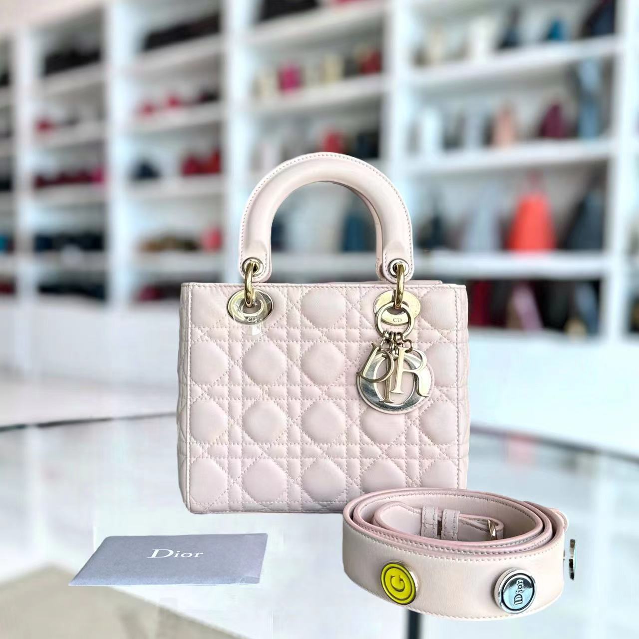Dior Lady Small Cannage Lambskin Light Sakura Pink Golden Hardware ABC MYABC Charm Badge - Luxury Evermore